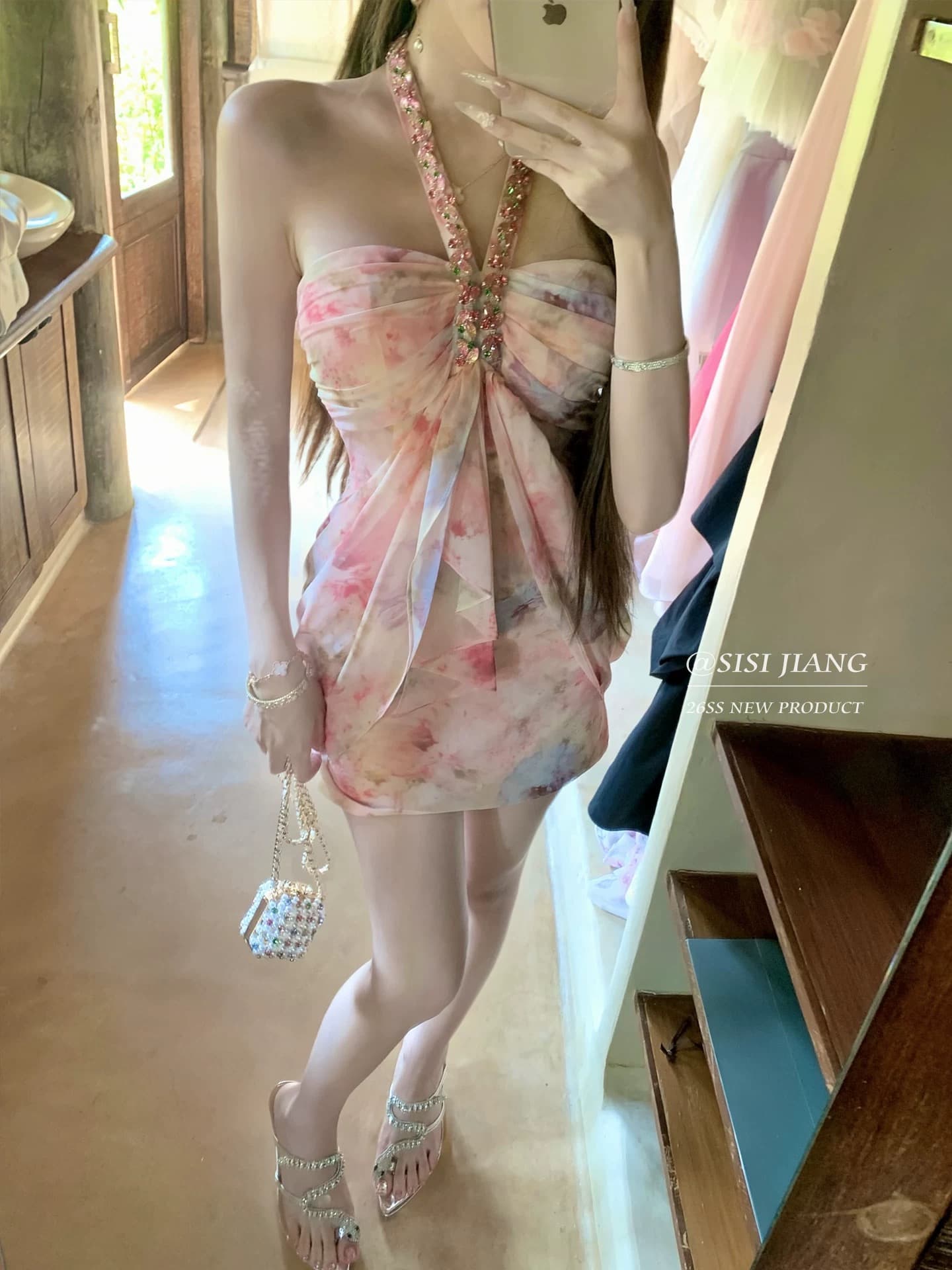 sisi jiang 분말 염색 꽃 리플 휴가 바람 행침 목 튜브탑 스와로브스키 프린트 허리 수축 슬림해 보이는 타이트 스커트 상세 이미지 7
