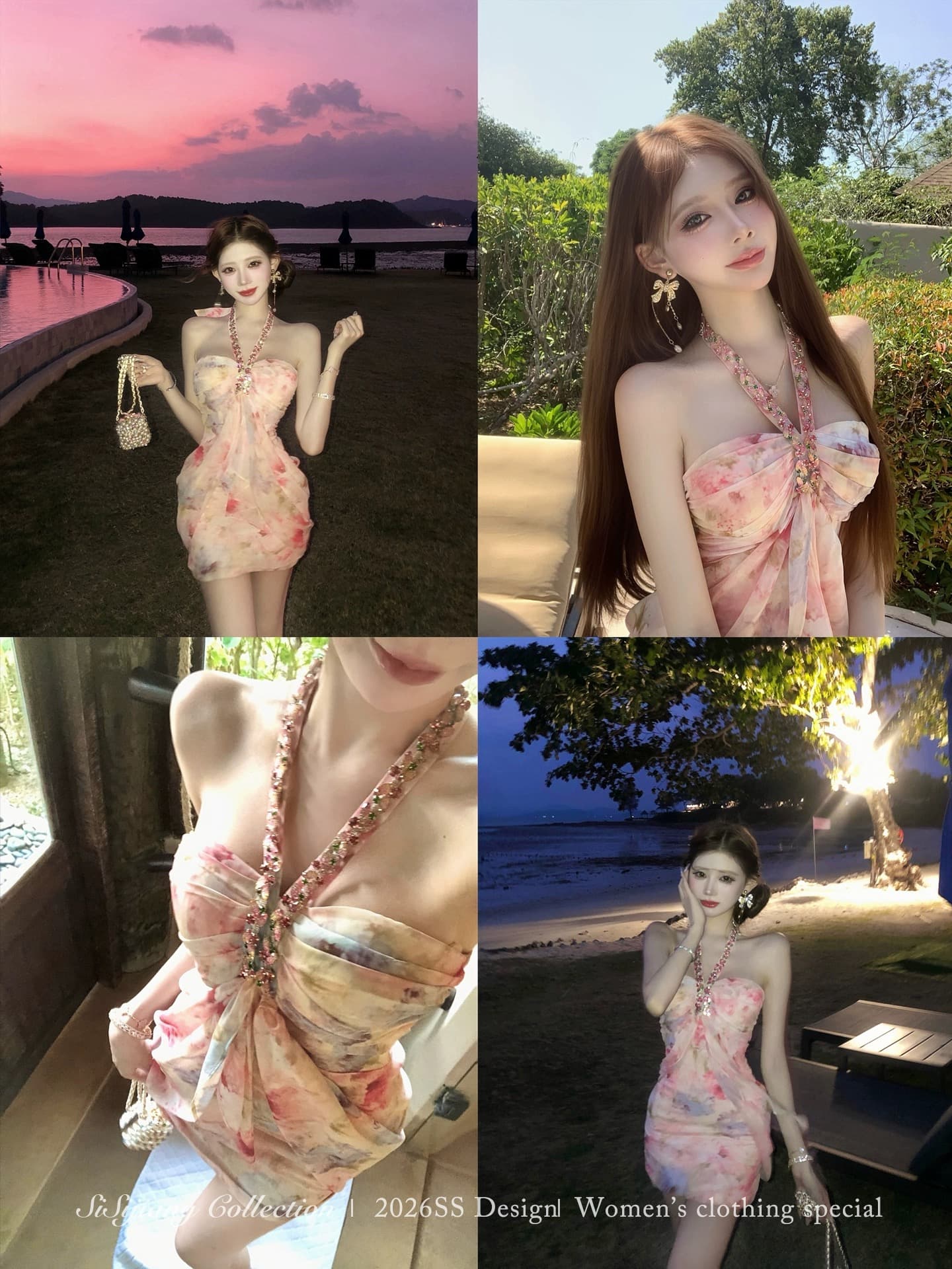 sisi jiang 분말 염색 꽃 리플 휴가 바람 행침 목 튜브탑 스와로브스키 프린트 허리 수축 슬림해 보이는 타이트 스커트 상세 이미지 8