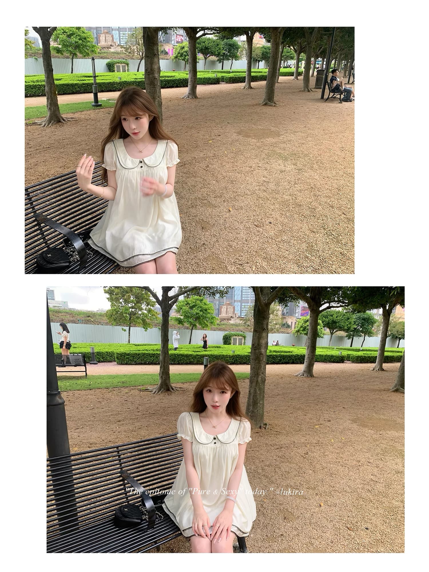 lukira 중년 사랑 언어 프랑스식 레트로 베이비 칼라 거품 소매 여성 드레스 여름 하이웨이스트 한 마디 미니 스커트 상세 이미지 5