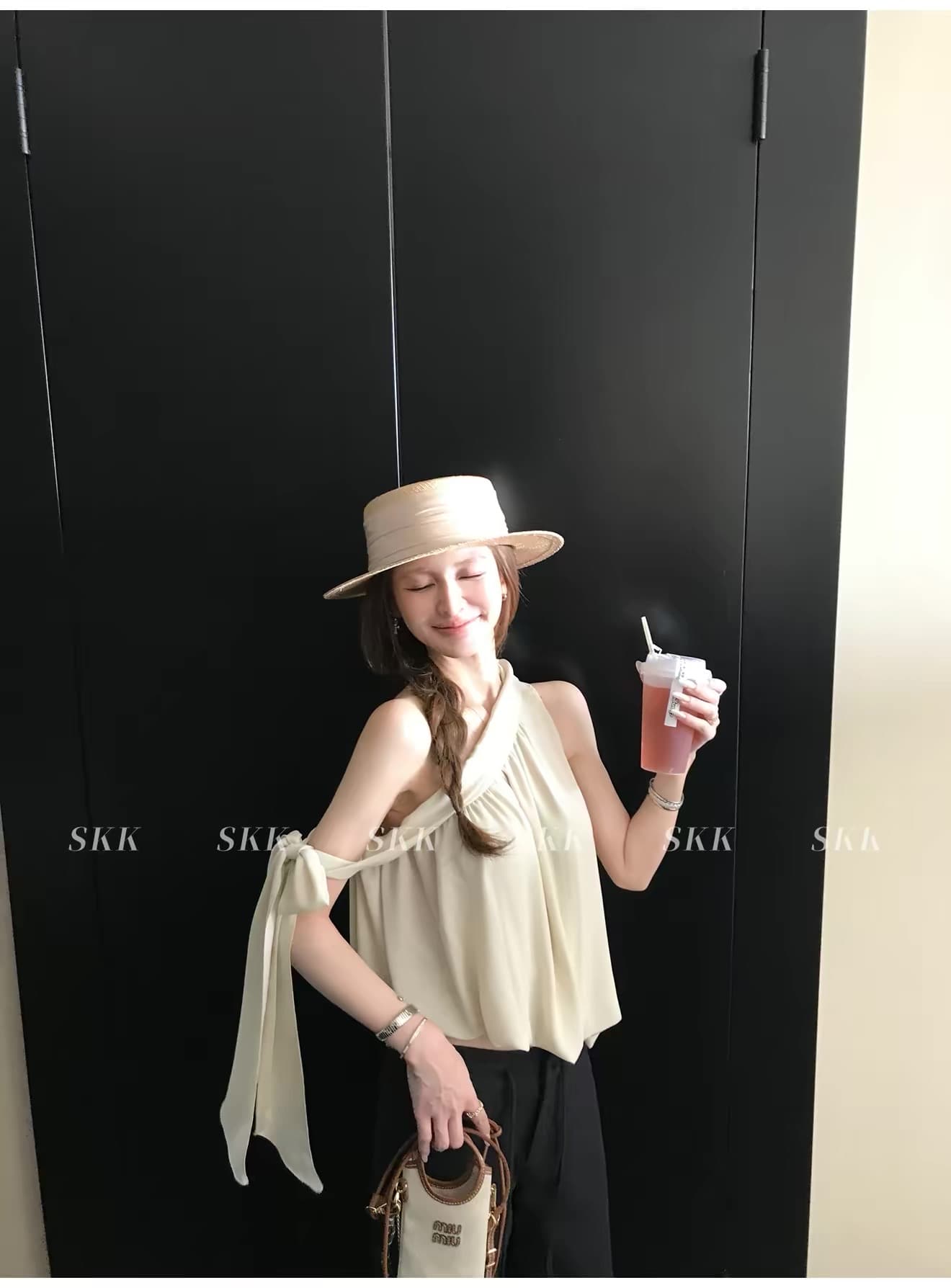 skk store 교토 휴일 쉬 妍 바람 분위기 센스 ootd 170g 프랑스식 비스듬한 어깨 의류 리본 조끼 상세 이미지 7