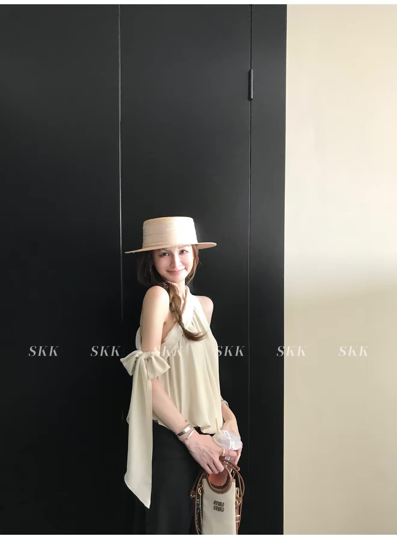 skk store 교토 휴일 쉬 妍 바람 분위기 센스 ootd 170g 프랑스식 비스듬한 어깨 의류 리본 조끼 상세 이미지 8