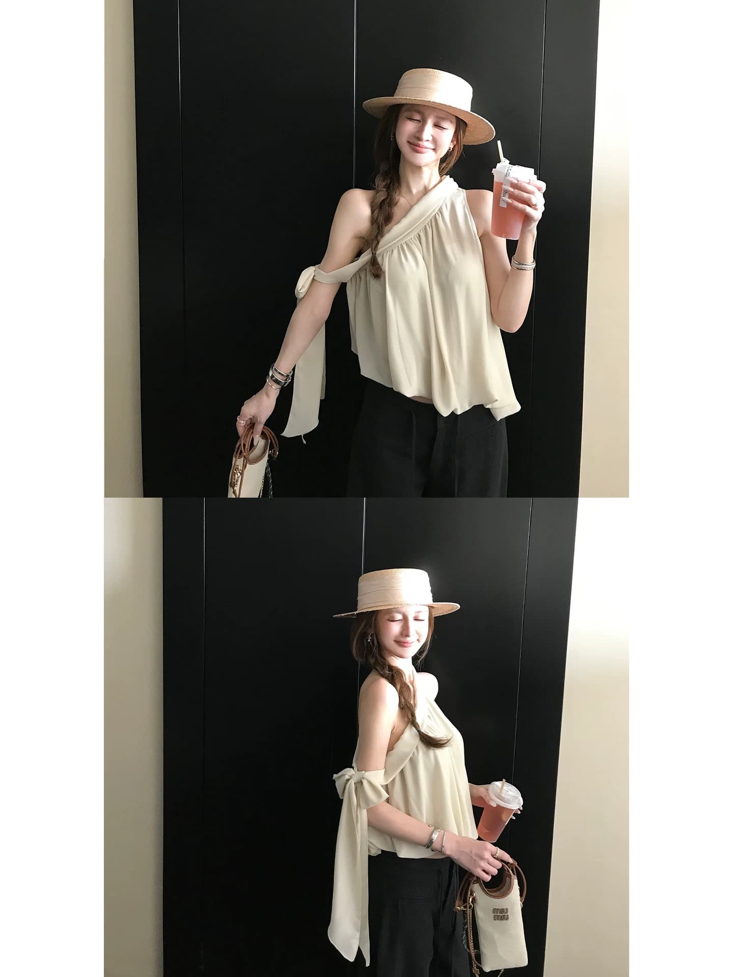 skk store 교토 휴일 쉬 妍 바람 분위기 센스 ootd 170g 프랑스식 비스듬한 어깨 의류 리본 조끼 상세 이미지 9