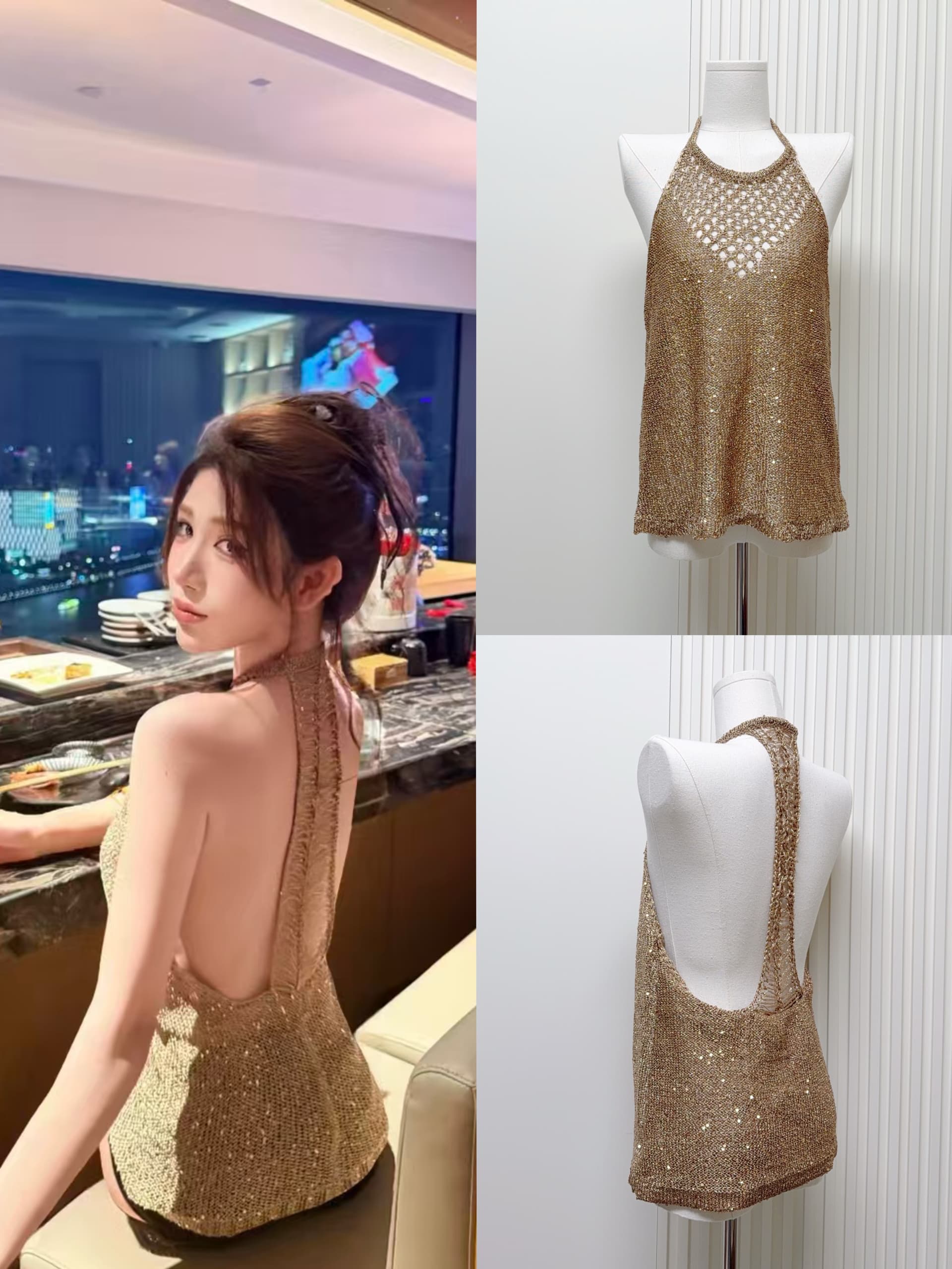 섹시함 홀로우 아웃 스팽글 조끼 얇은 ~을 통해 섹시함 오프숄더 행침 목 슬립 새는 어깨 짧은 에디션 맨위 여성