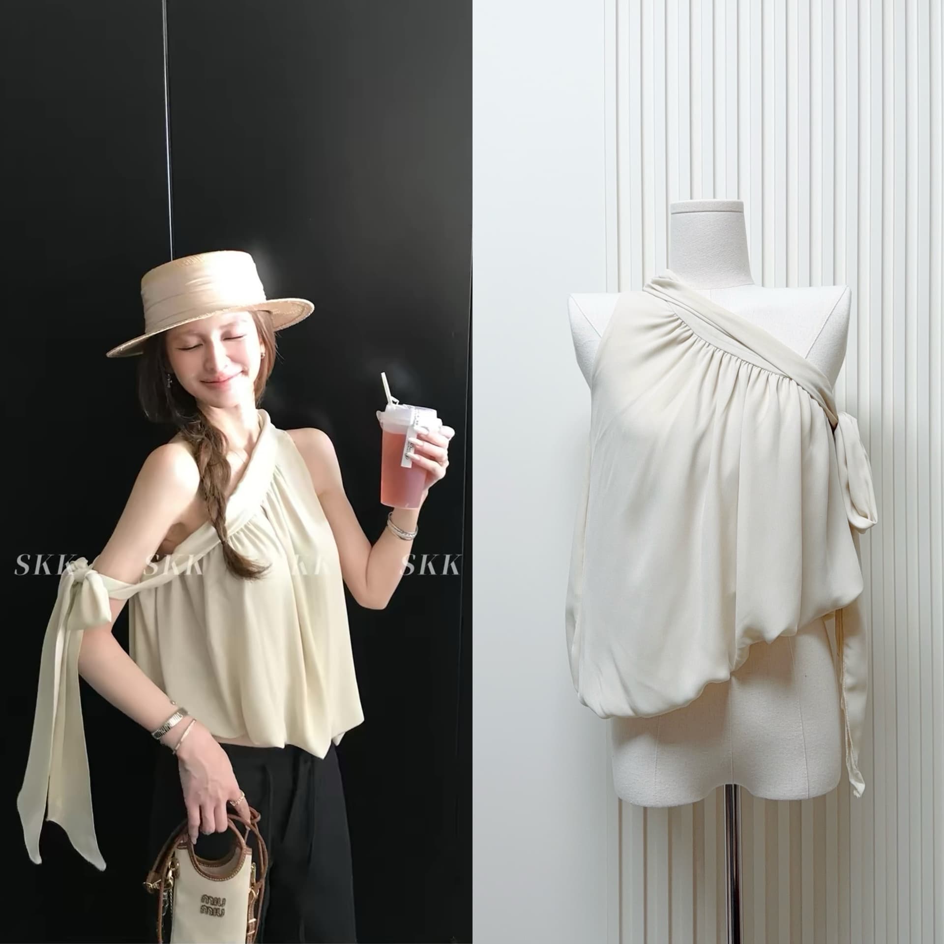 skk store 교토 휴일 쉬 妍 바람 분위기 센스 ootd 170g 프랑스식 비스듬한 어깨 의류 리본 조끼