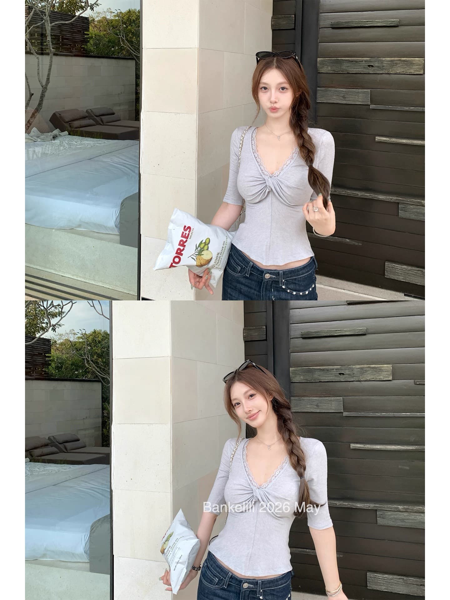 밤나무 코코아 bankelili 트위스트 종이 사람들 주간 실크 양모 순수한 욕망 비틀림 레이스 V넥 반팔 티셔츠 상세 이미지 6