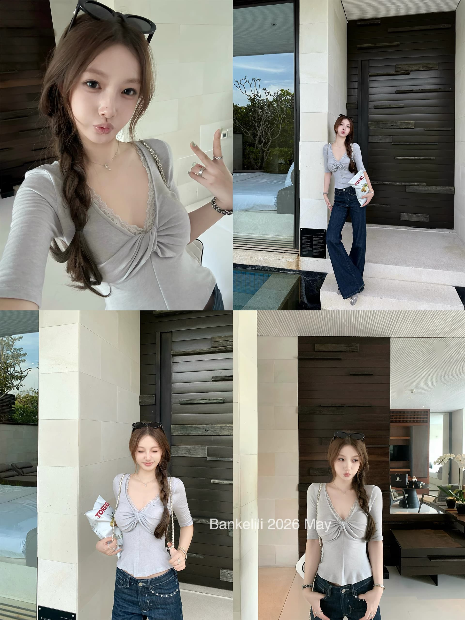 밤나무 코코아 bankelili 트위스트 종이 사람들 주간 실크 양모 순수한 욕망 비틀림 레이스 V넥 반팔 티셔츠 상세 이미지 8