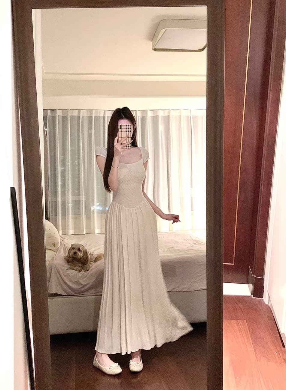 화이트 광장 칼라 반팔 여성 드레스 여름 프랑스식 고급 센스 품격 A라인 스커트 허리 수축 플리츠 도루 센스 롱 스커트 상세 이미지 1