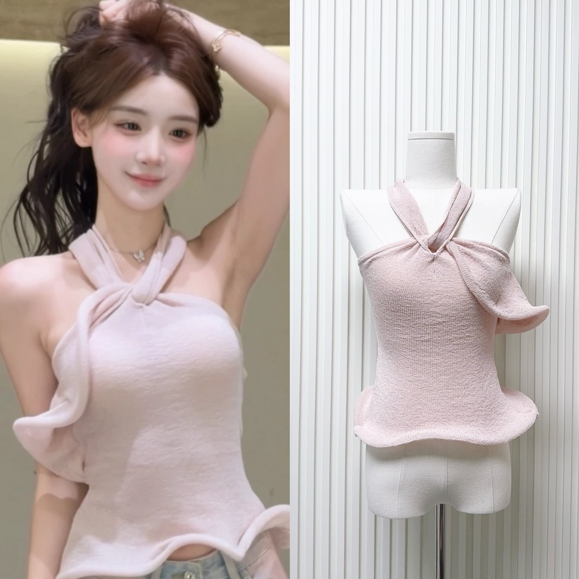 xuan 법사 법사 부드러운 안개 분말 조정 프랑스식 행침 목 스트랩 백리스 3 차원 물결무늬 프릴 행침 목 맨위