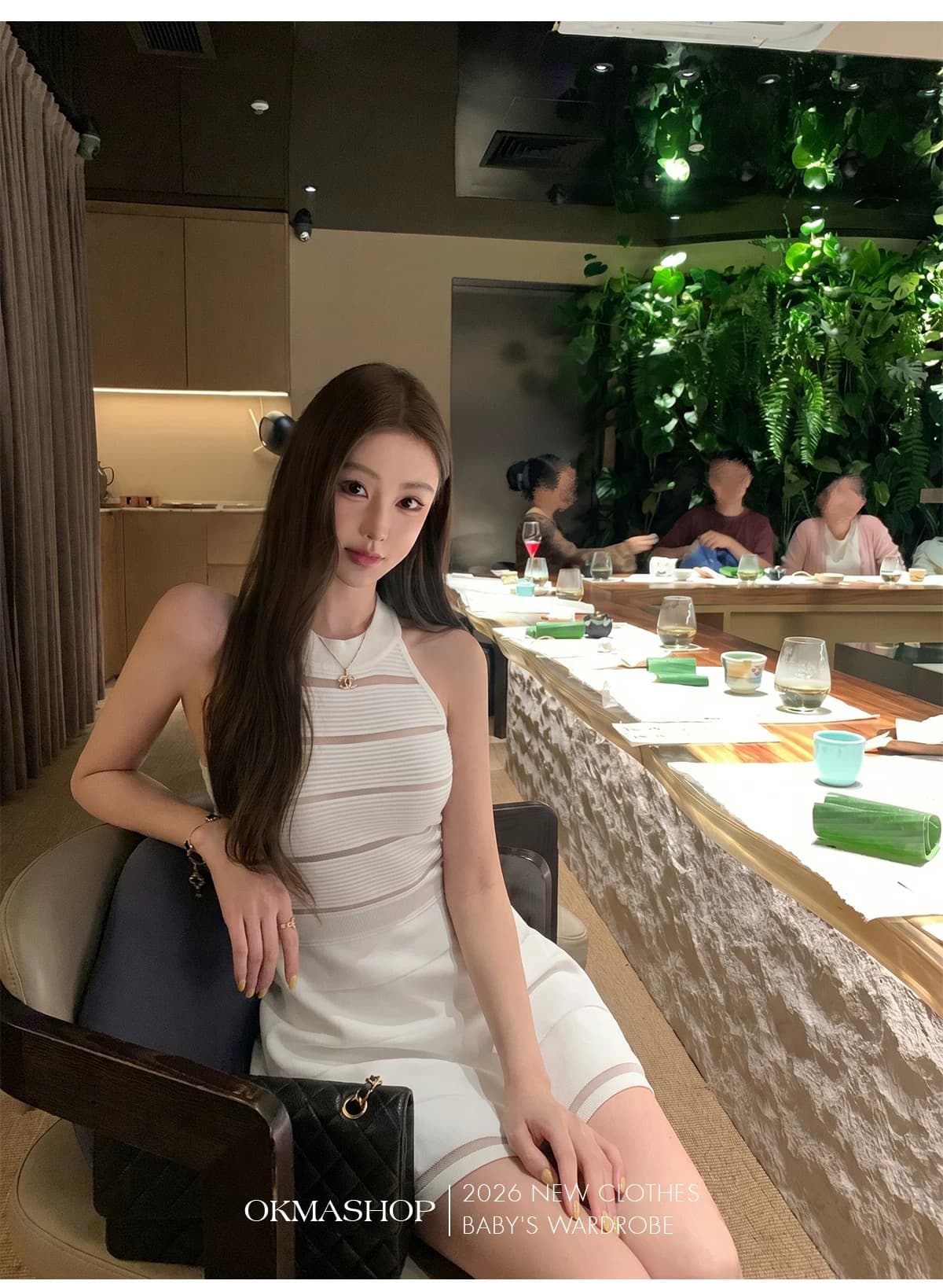okmashop 장 원 영어 같은 단락 민소매 여성 드레스 여름 고급 센스 품격 홀로우 아웃 허리 수축 치마 이미지 3
