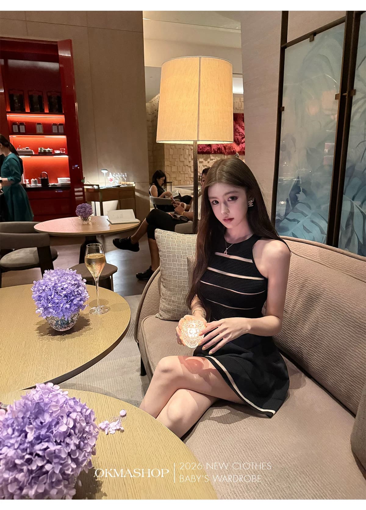 okmashop 장 원 영어 같은 단락 민소매 여성 드레스 여름 고급 센스 품격 홀로우 아웃 허리 수축 치마 상세 이미지 1
