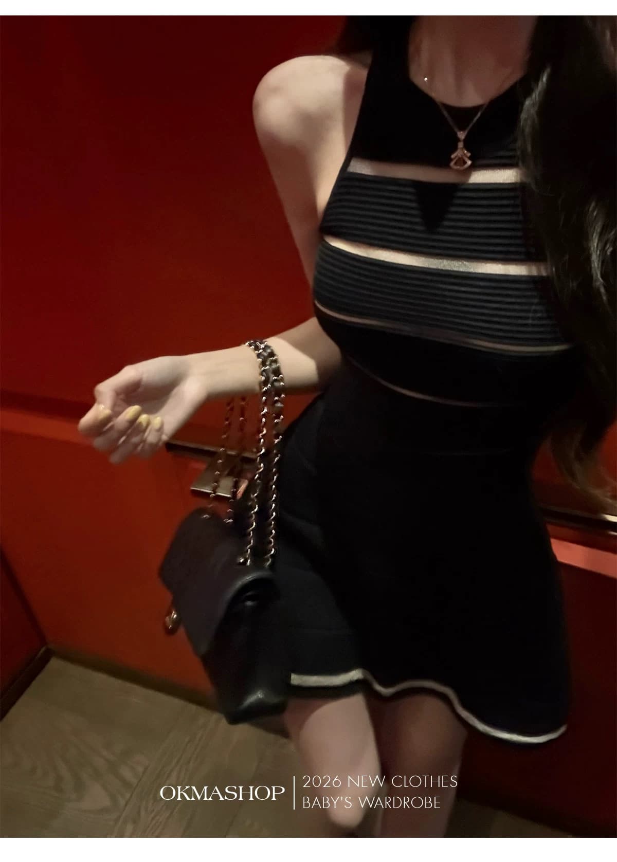 okmashop 장 원 영어 같은 단락 민소매 여성 드레스 여름 고급 센스 품격 홀로우 아웃 허리 수축 치마 상세 이미지 2