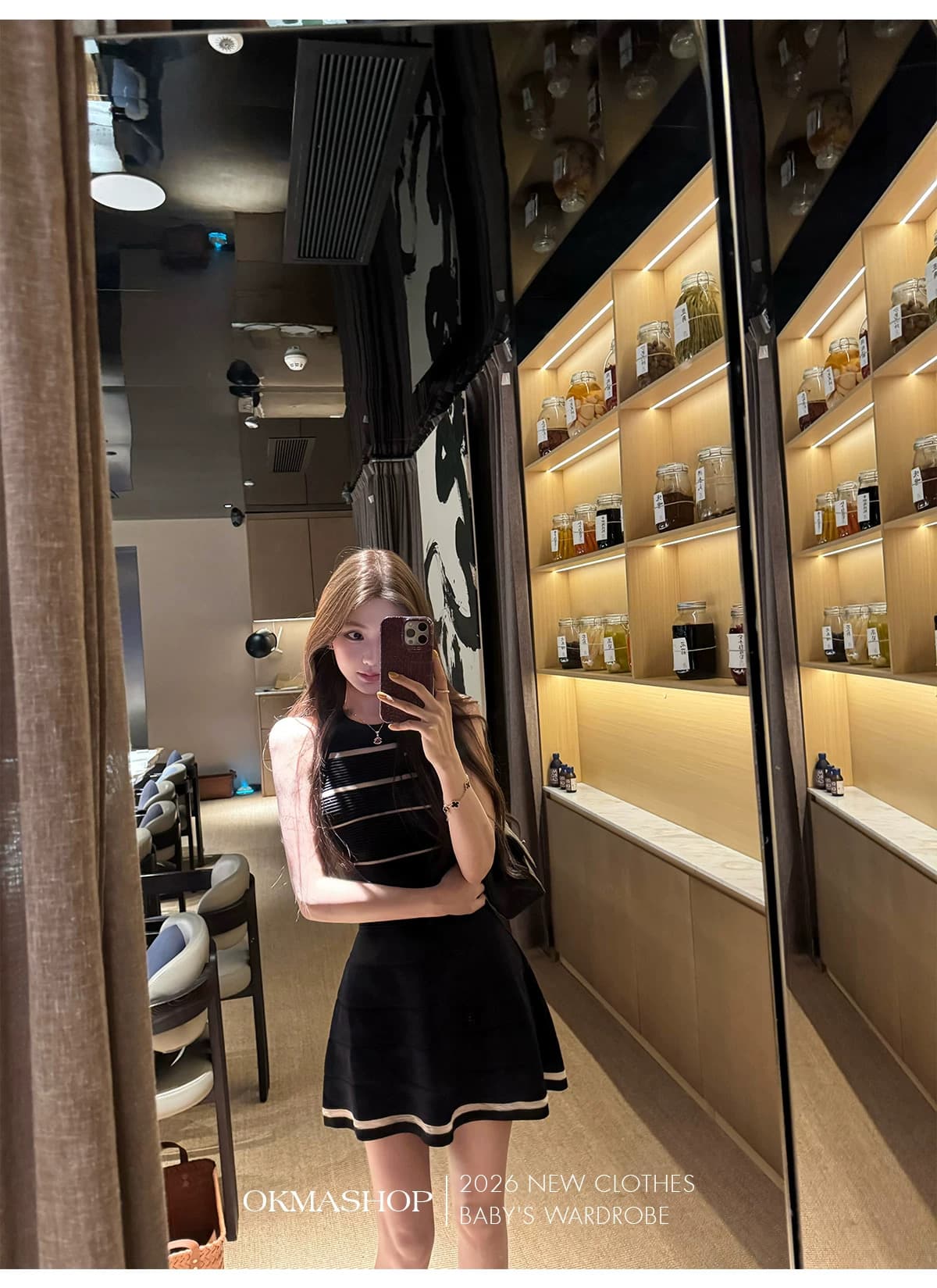 okmashop 장 원 영어 같은 단락 민소매 여성 드레스 여름 고급 센스 품격 홀로우 아웃 허리 수축 치마 상세 이미지 3