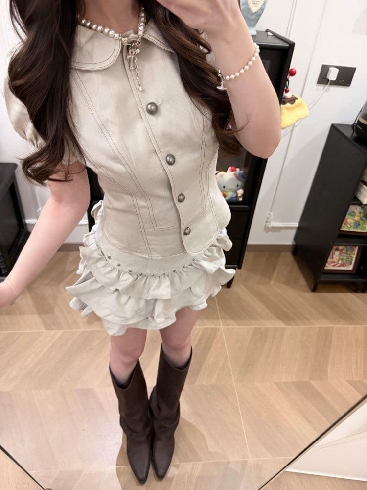 cider2026 봄 신제품 ootd 면 혼방 피터 팬 폴로 칼라 거품 소매 맨위 세트