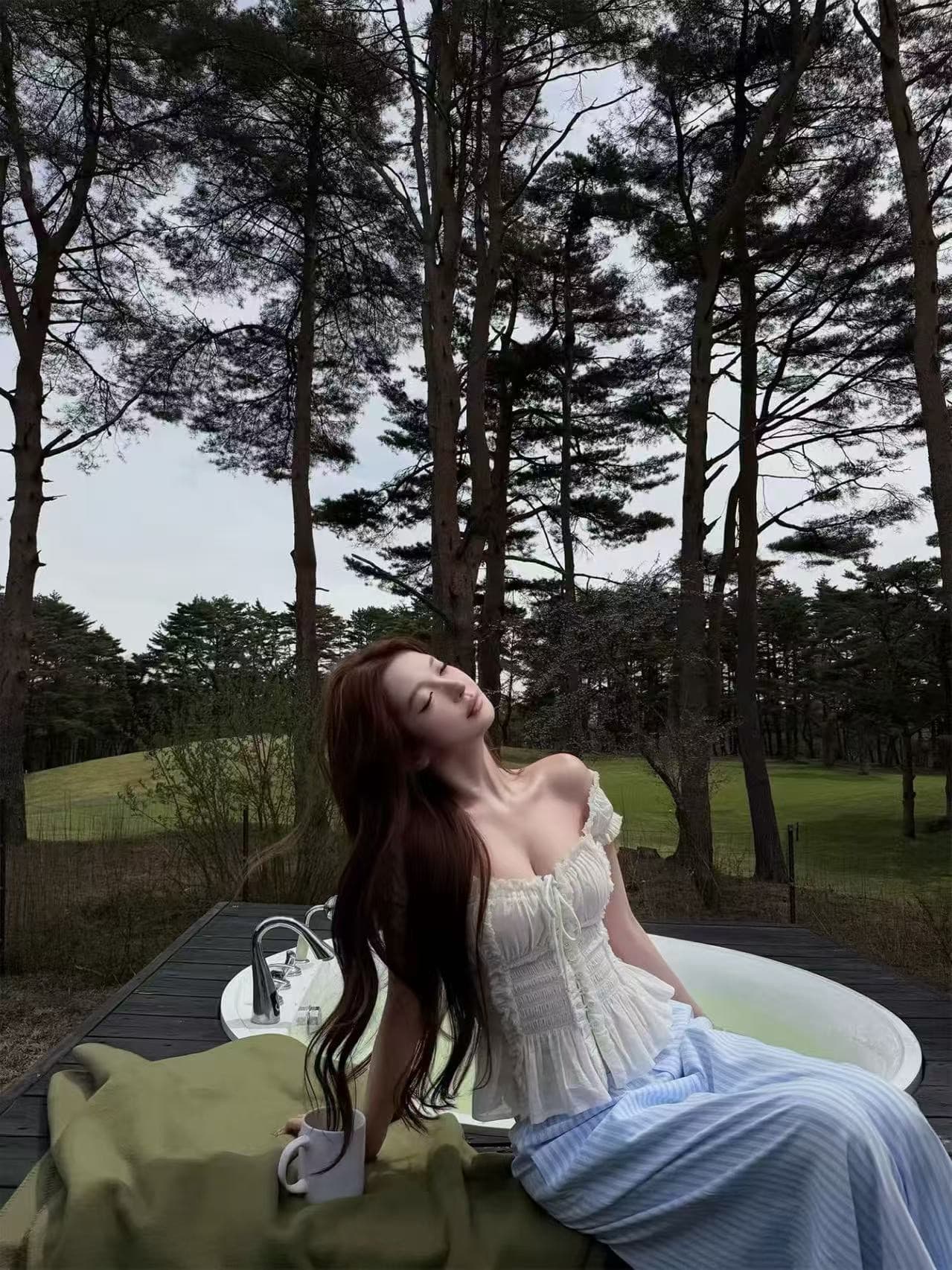 만약 언어 맞춤 부드러운 안개 소녀 거친 가장자리 펌프 Pleat 프릴 청 ~을 통해 의류 순수한 욕망 품격 명문 여성 바람 상세 이미지 15