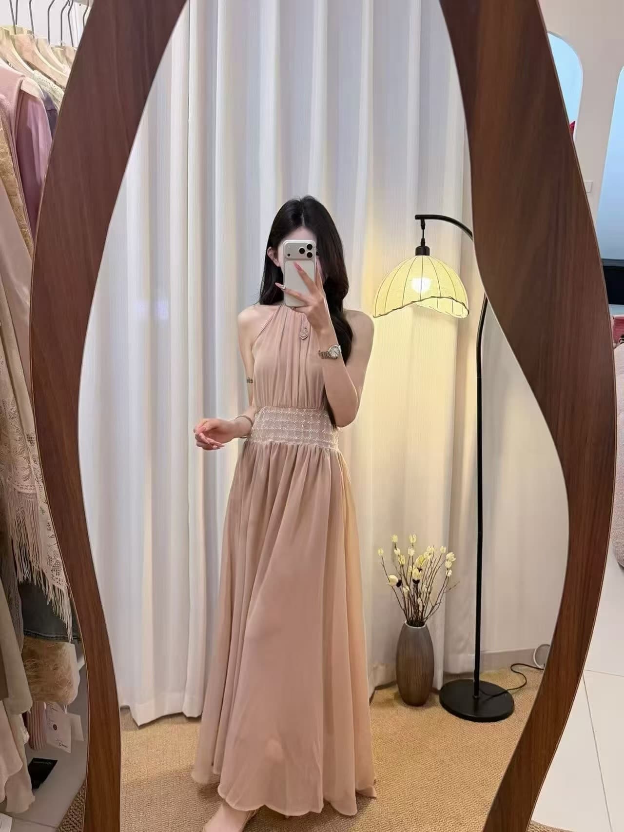 달빛 댄스 파티 무거운 작업 비즈 박기 허리 수축 쉬폰 행침 목 드레스 허리 수축 슬림해 보이는 길다 치마 이미지 3
