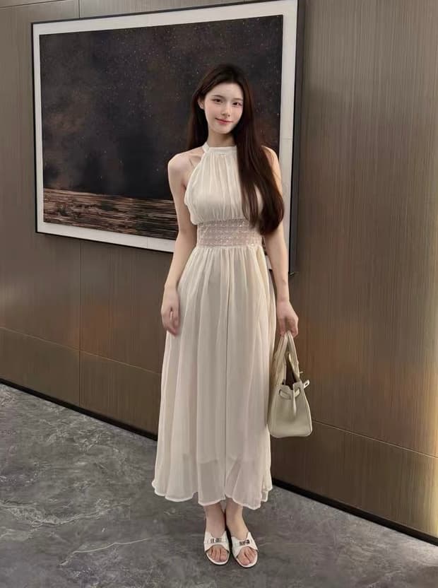 달빛 댄스 파티 무거운 작업 비즈 박기 허리 수축 쉬폰 행침 목 드레스 허리 수축 슬림해 보이는 길다 치마 상세 이미지 1