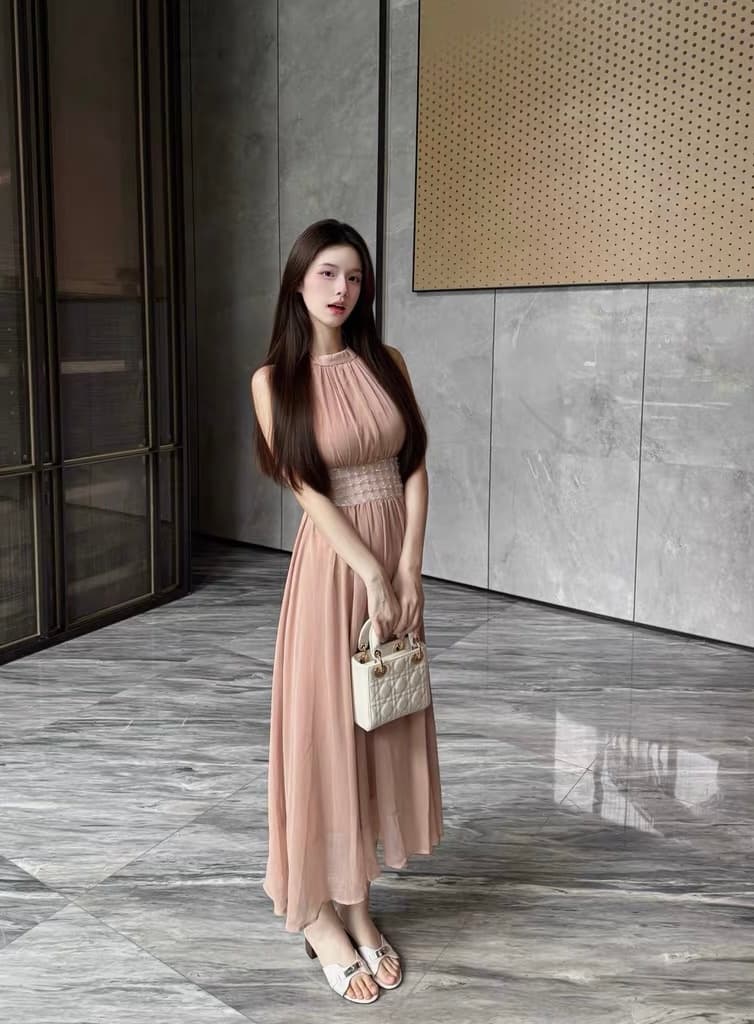 달빛 댄스 파티 무거운 작업 비즈 박기 허리 수축 쉬폰 행침 목 드레스 허리 수축 슬림해 보이는 길다 치마 상세 이미지 3