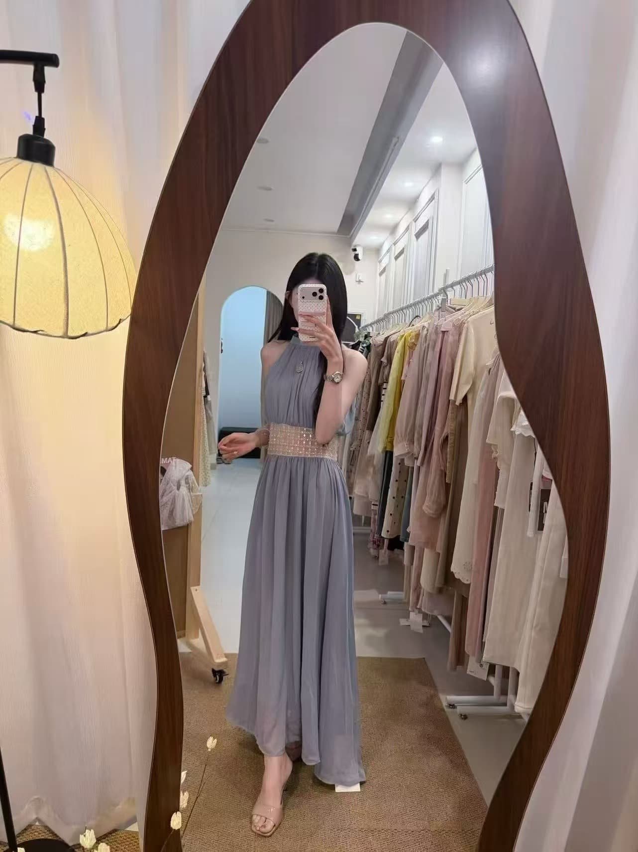 달빛 댄스 파티 무거운 작업 비즈 박기 허리 수축 쉬폰 행침 목 드레스 허리 수축 슬림해 보이는 길다 치마 상세 이미지 5