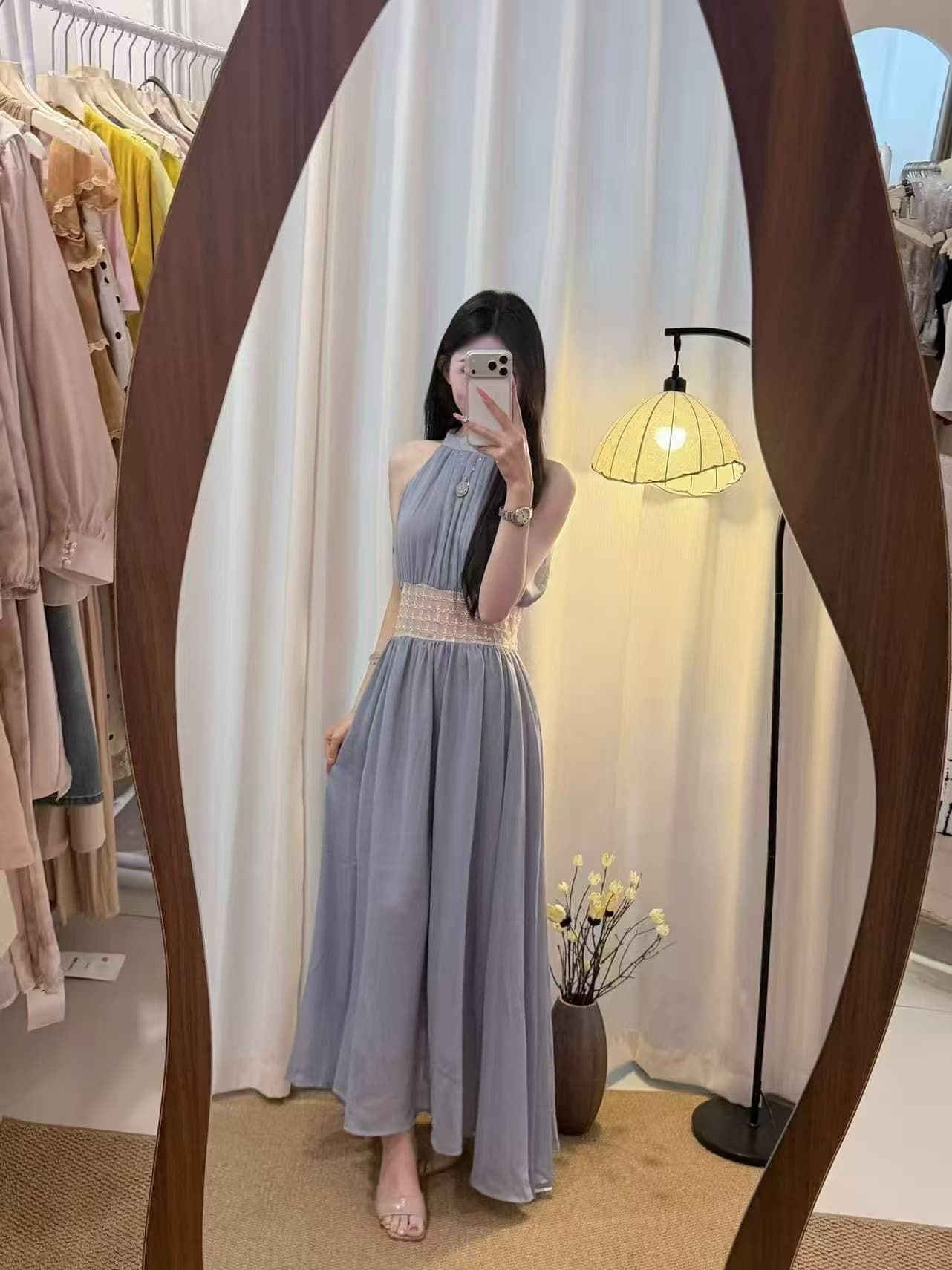 달빛 댄스 파티 무거운 작업 비즈 박기 허리 수축 쉬폰 행침 목 드레스 허리 수축 슬림해 보이는 길다 치마 상세 이미지 6
