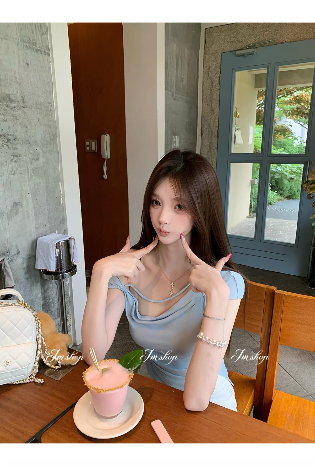 jmshop 심장 마비 커브 비스듬한 어깨 칼라 깨진 Pleat 허리 수축 트임 반팔 티셔츠 여름 몸매 가꾸기 다용도 상세 이미지 4