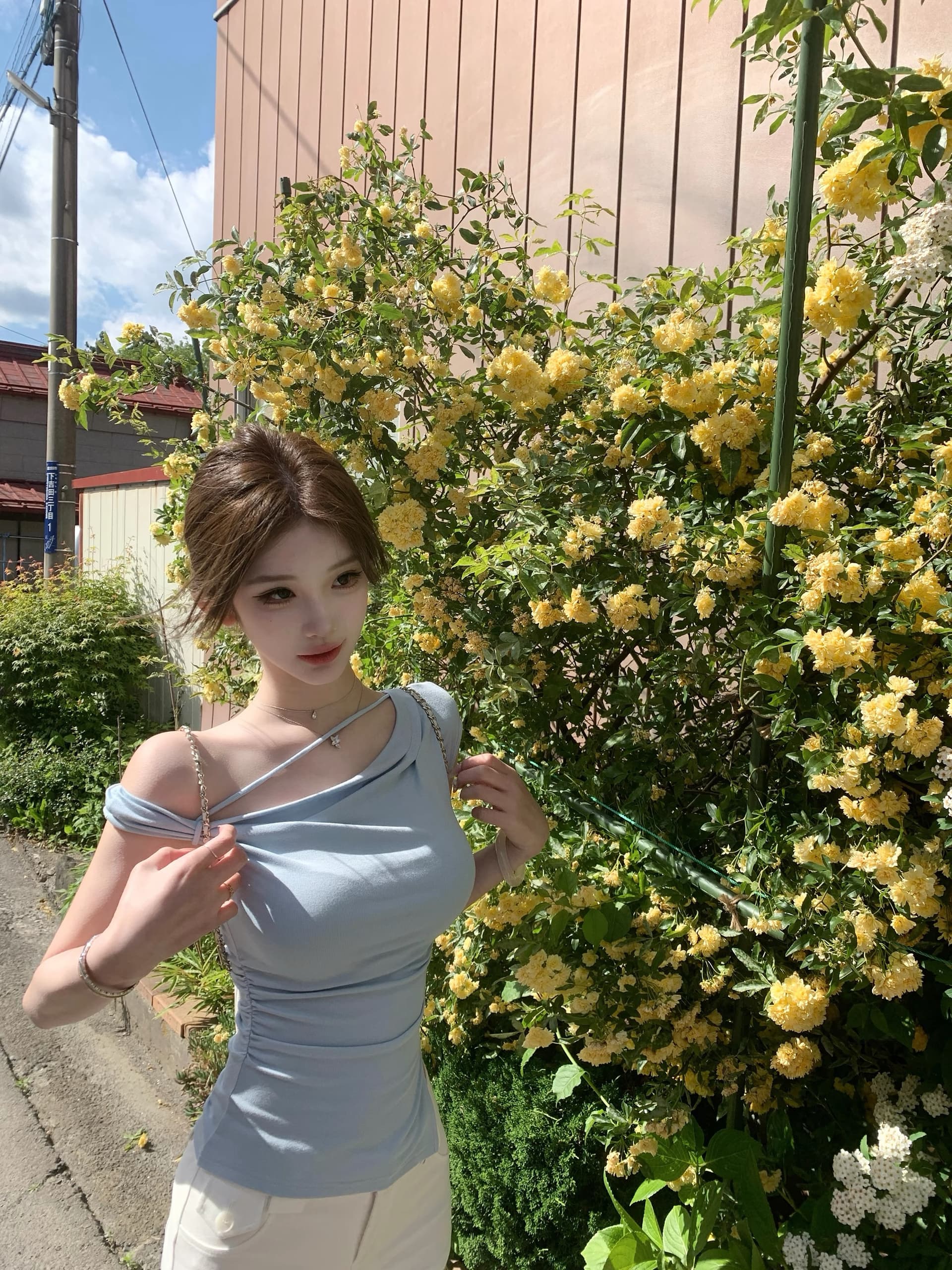 jmshop 심장 마비 커브 비스듬한 어깨 칼라 깨진 Pleat 허리 수축 트임 반팔 티셔츠 여름 몸매 가꾸기 다용도 상세 이미지 5