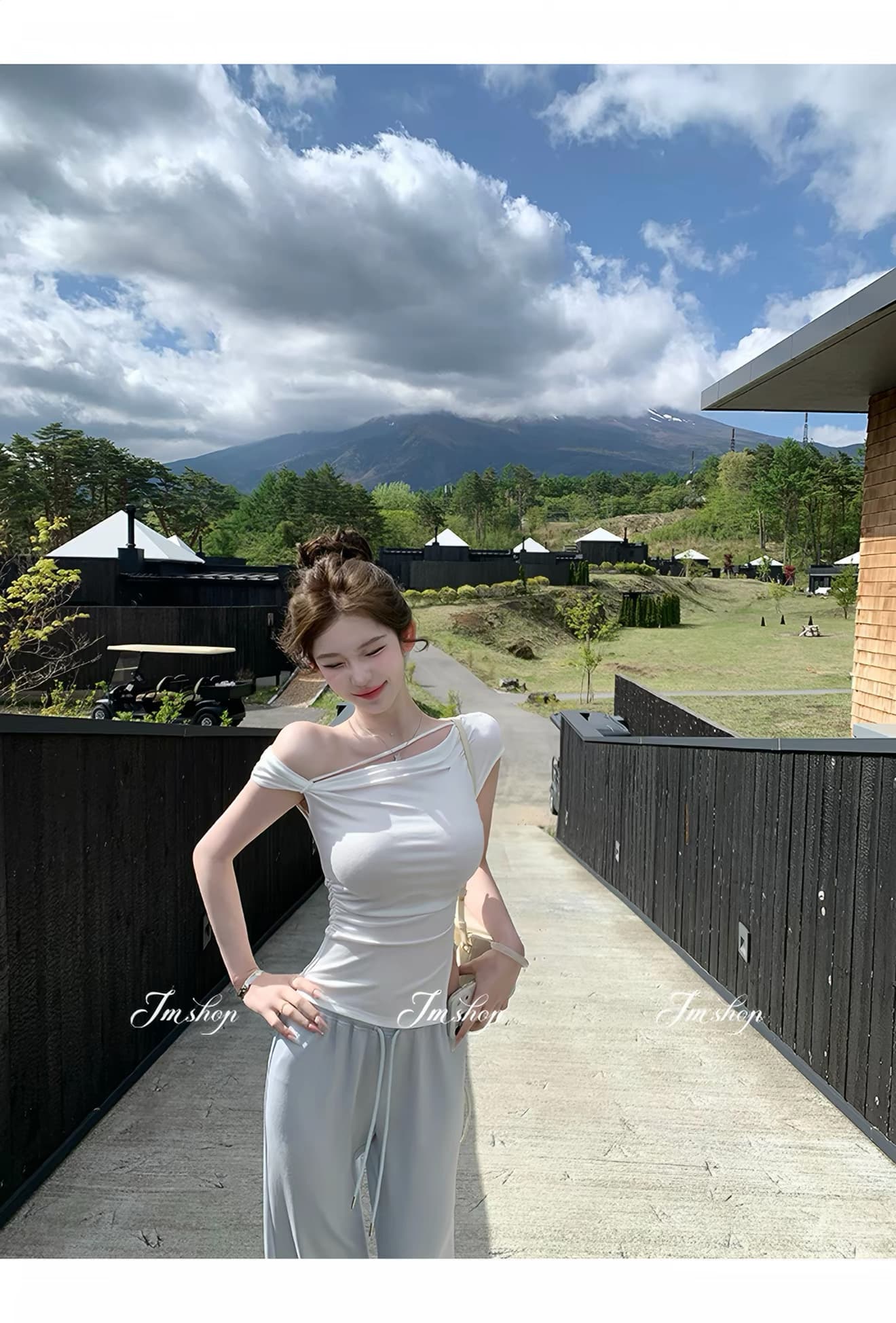 jmshop 심장 마비 커브 비스듬한 어깨 칼라 깨진 Pleat 허리 수축 트임 반팔 티셔츠 여름 몸매 가꾸기 다용도 상세 이미지 8