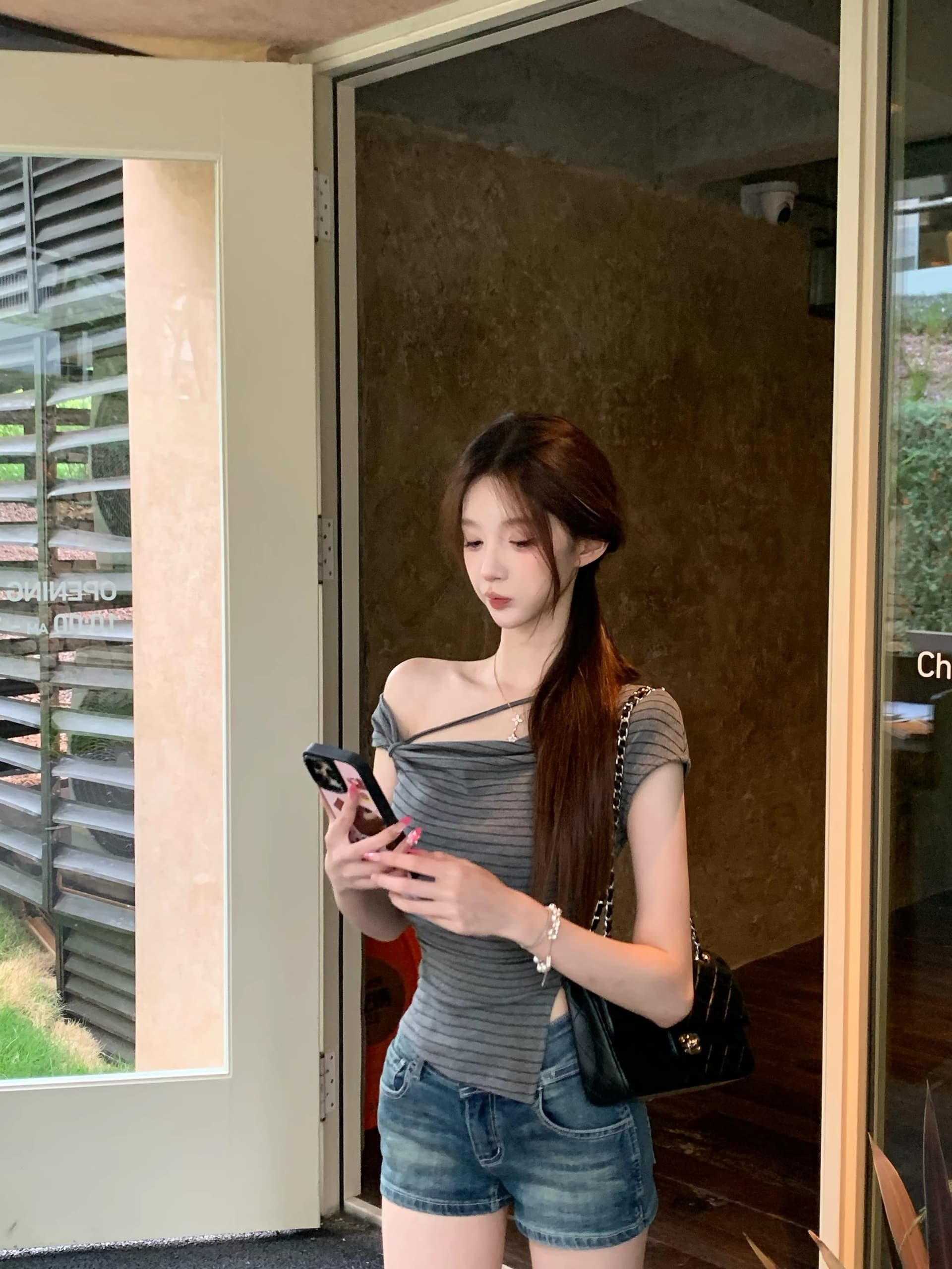 jmshop 심장 마비 커브 비스듬한 어깨 칼라 깨진 Pleat 허리 수축 트임 반팔 티셔츠 여름 몸매 가꾸기 다용도 상세 이미지 9