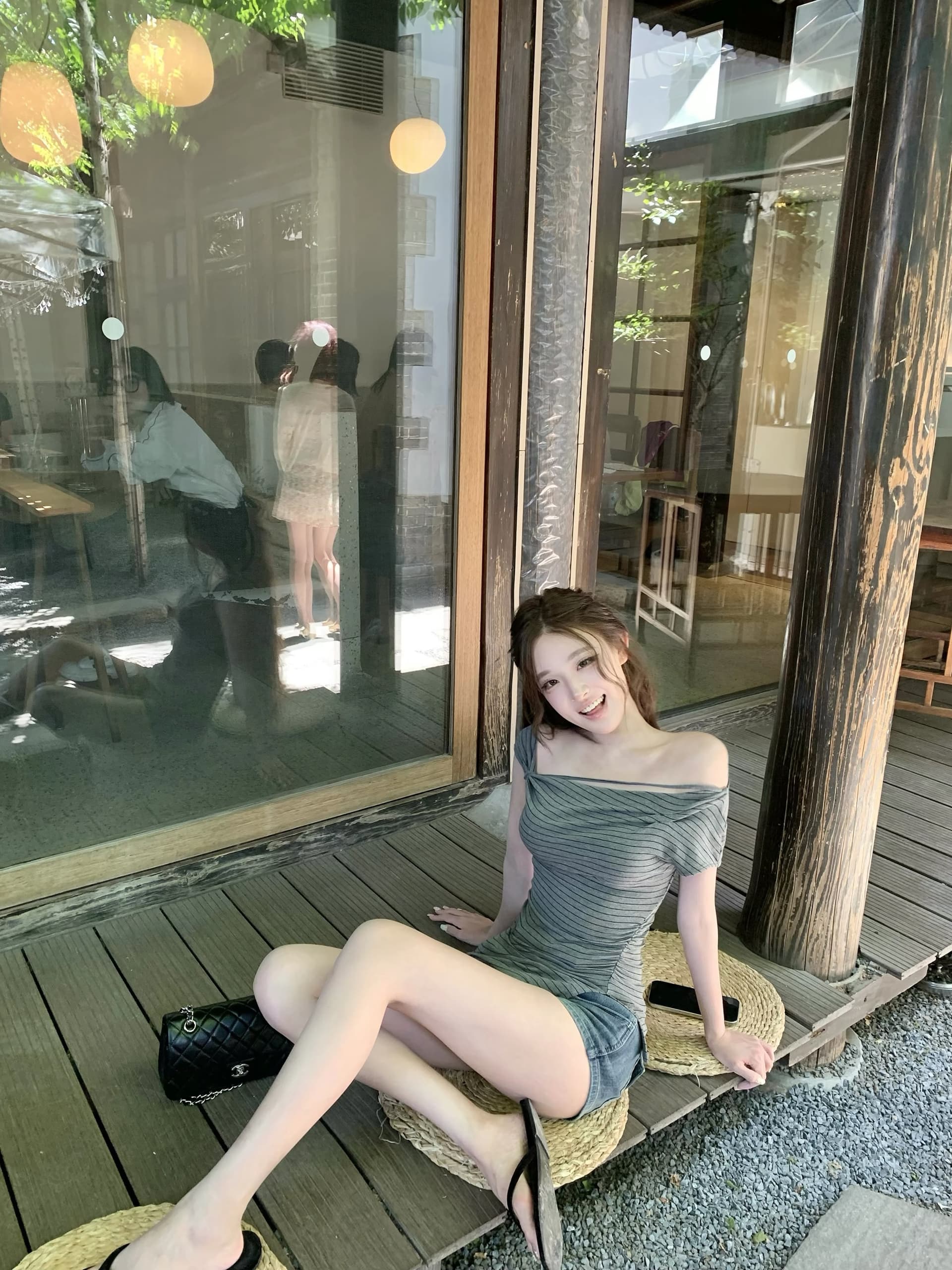 jmshop 심장 마비 커브 비스듬한 어깨 칼라 깨진 Pleat 허리 수축 트임 반팔 티셔츠 여름 몸매 가꾸기 다용도 상세 이미지 10
