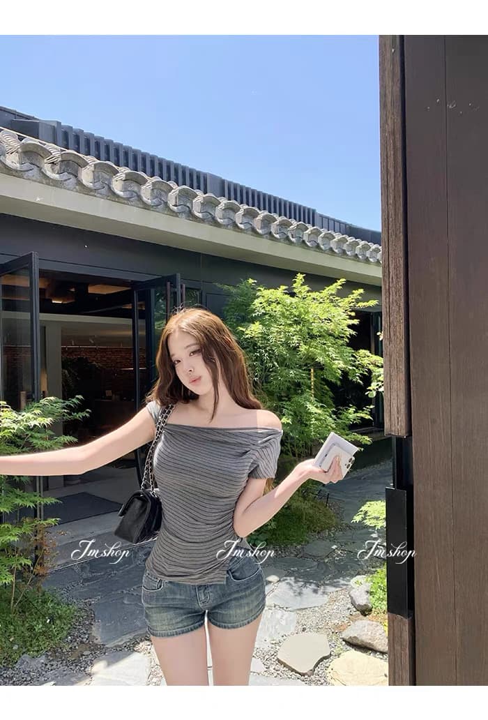 jmshop 심장 마비 커브 비스듬한 어깨 칼라 깨진 Pleat 허리 수축 트임 반팔 티셔츠 여름 몸매 가꾸기 다용도 상세 이미지 12