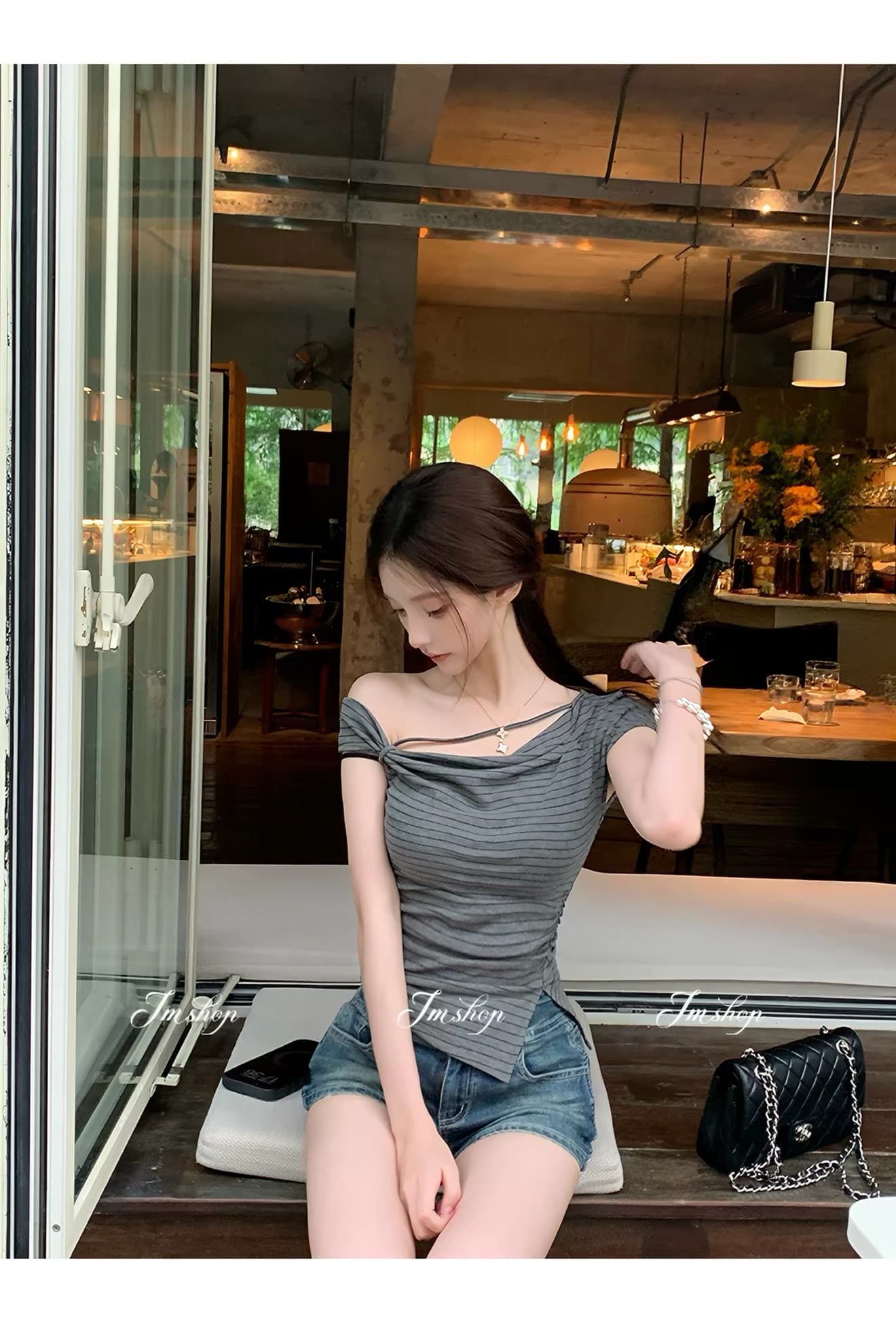 jmshop 심장 마비 커브 비스듬한 어깨 칼라 깨진 Pleat 허리 수축 트임 반팔 티셔츠 여름 몸매 가꾸기 다용도 상세 이미지 13