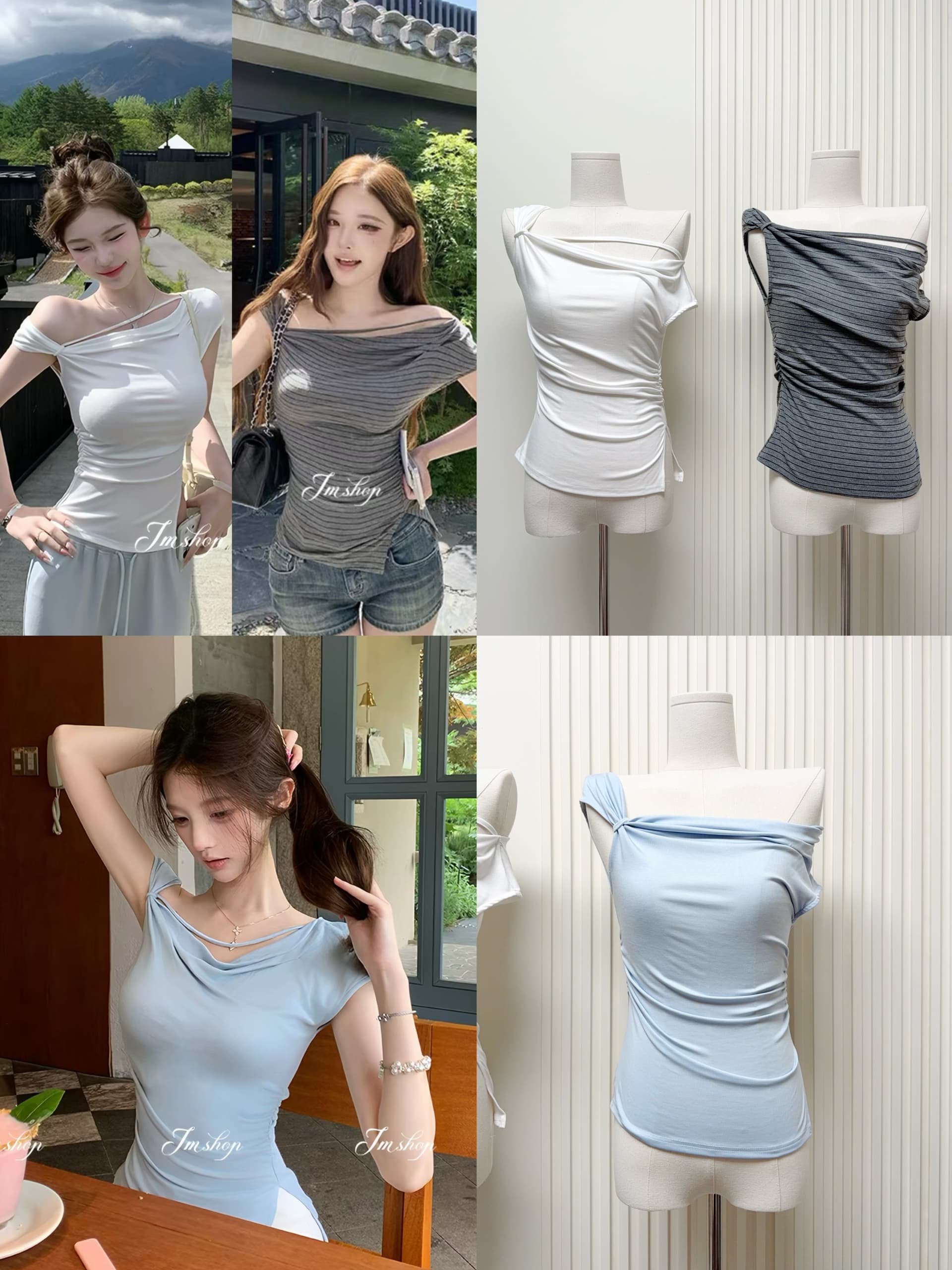 jmshop 심장 마비 커브 비스듬한 어깨 칼라 깨진 Pleat 허리 수축 트임 반팔 티셔츠 여름 몸매 가꾸기 다용도