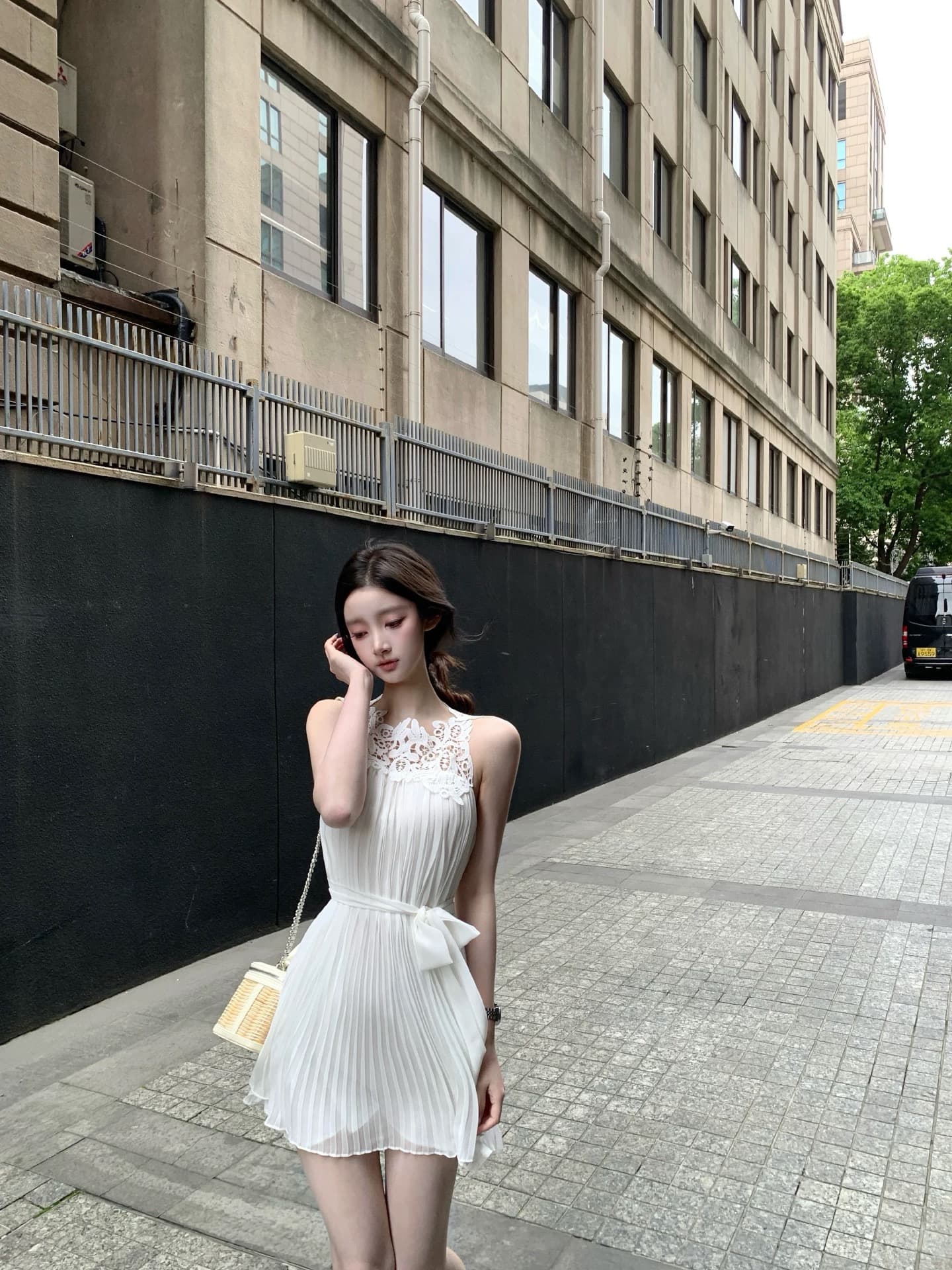 okmashop 따뜻한 티 일기 화이트 레이스 조각 여성 드레스 여름 품격 순수한 욕망 허리 수축 치마 이미지 2