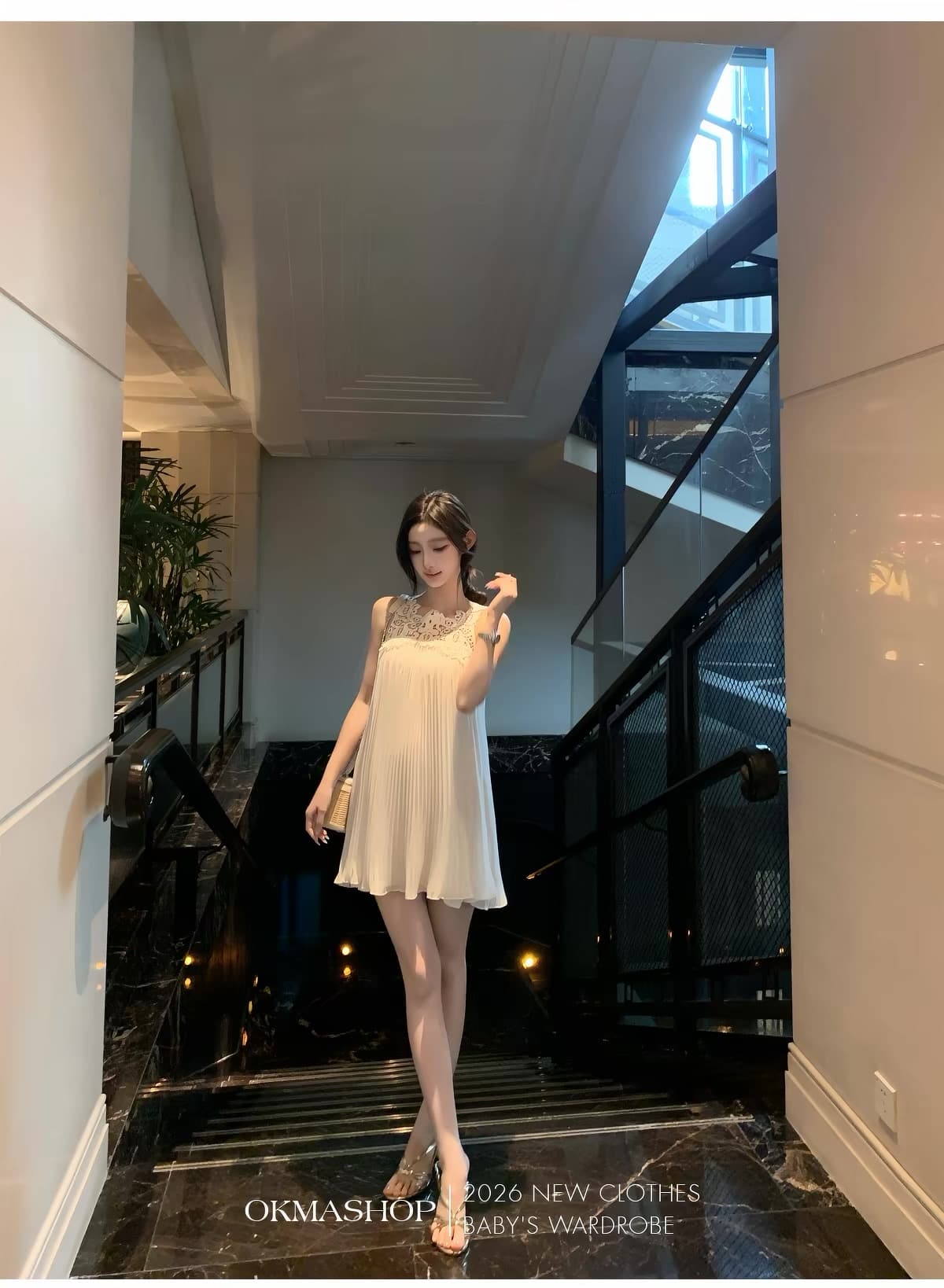 okmashop 따뜻한 티 일기 화이트 레이스 조각 여성 드레스 여름 품격 순수한 욕망 허리 수축 치마 상세 이미지 2