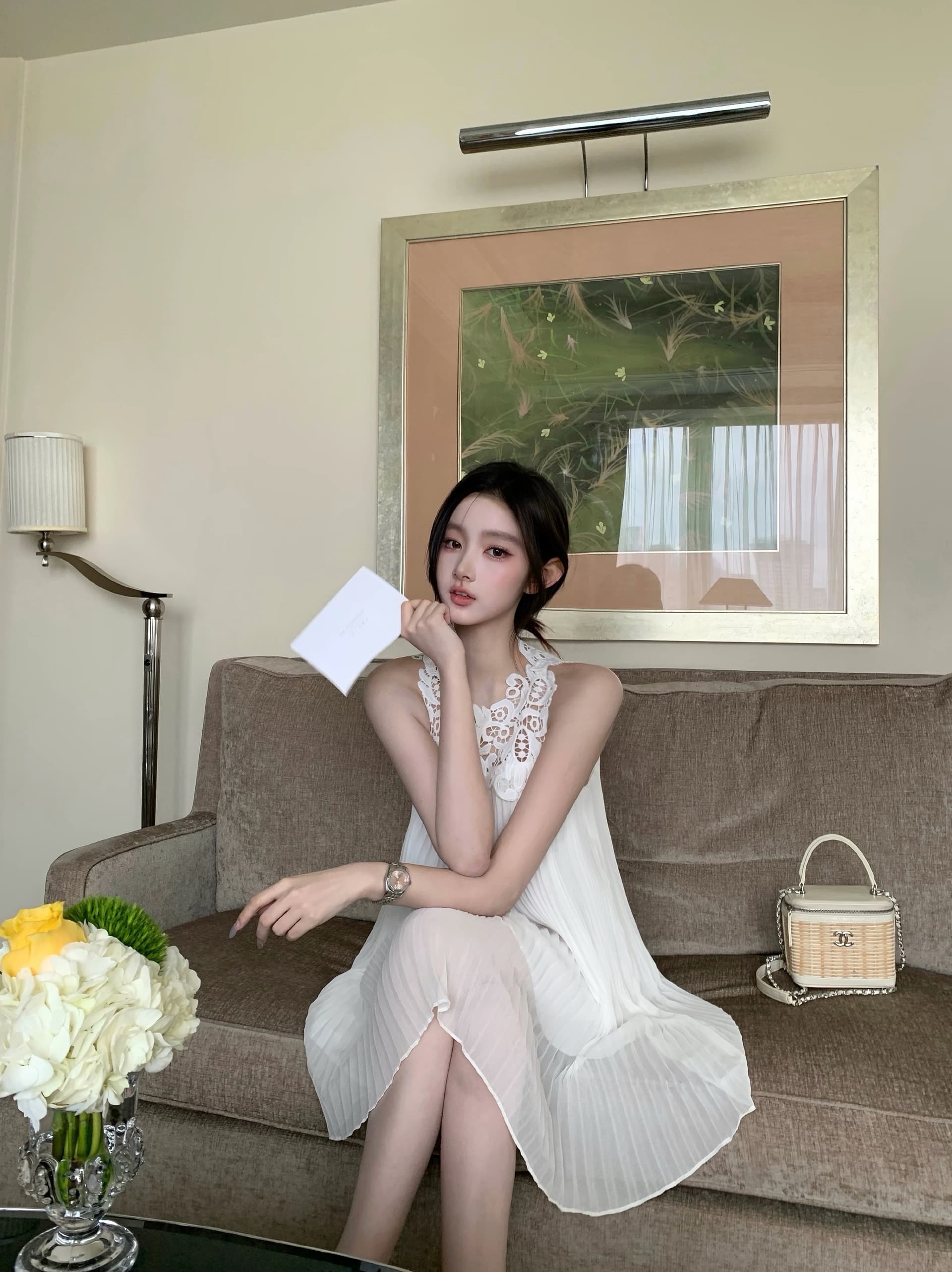 okmashop 따뜻한 티 일기 화이트 레이스 조각 여성 드레스 여름 품격 순수한 욕망 허리 수축 치마 상세 이미지 6