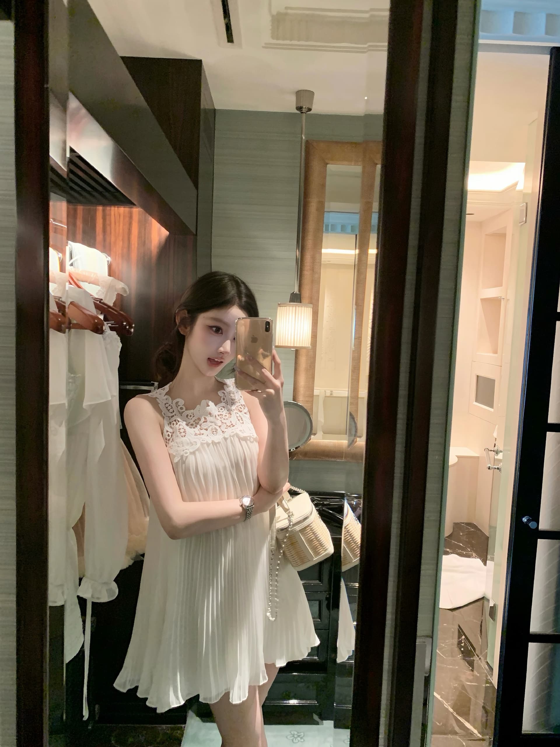 okmashop 따뜻한 티 일기 화이트 레이스 조각 여성 드레스 여름 품격 순수한 욕망 허리 수축 치마 상세 이미지 8