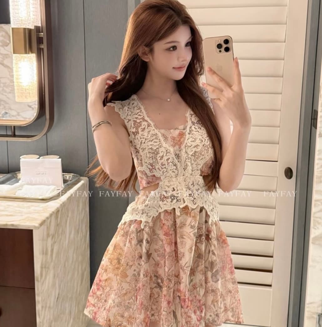 fay 꽃이 만발한 레트로 프랑스식 우아함 레이스 허리 홀로우 아웃 꽃무늬 허리 수축 슬림해 보이는 드레스 상세 이미지 2