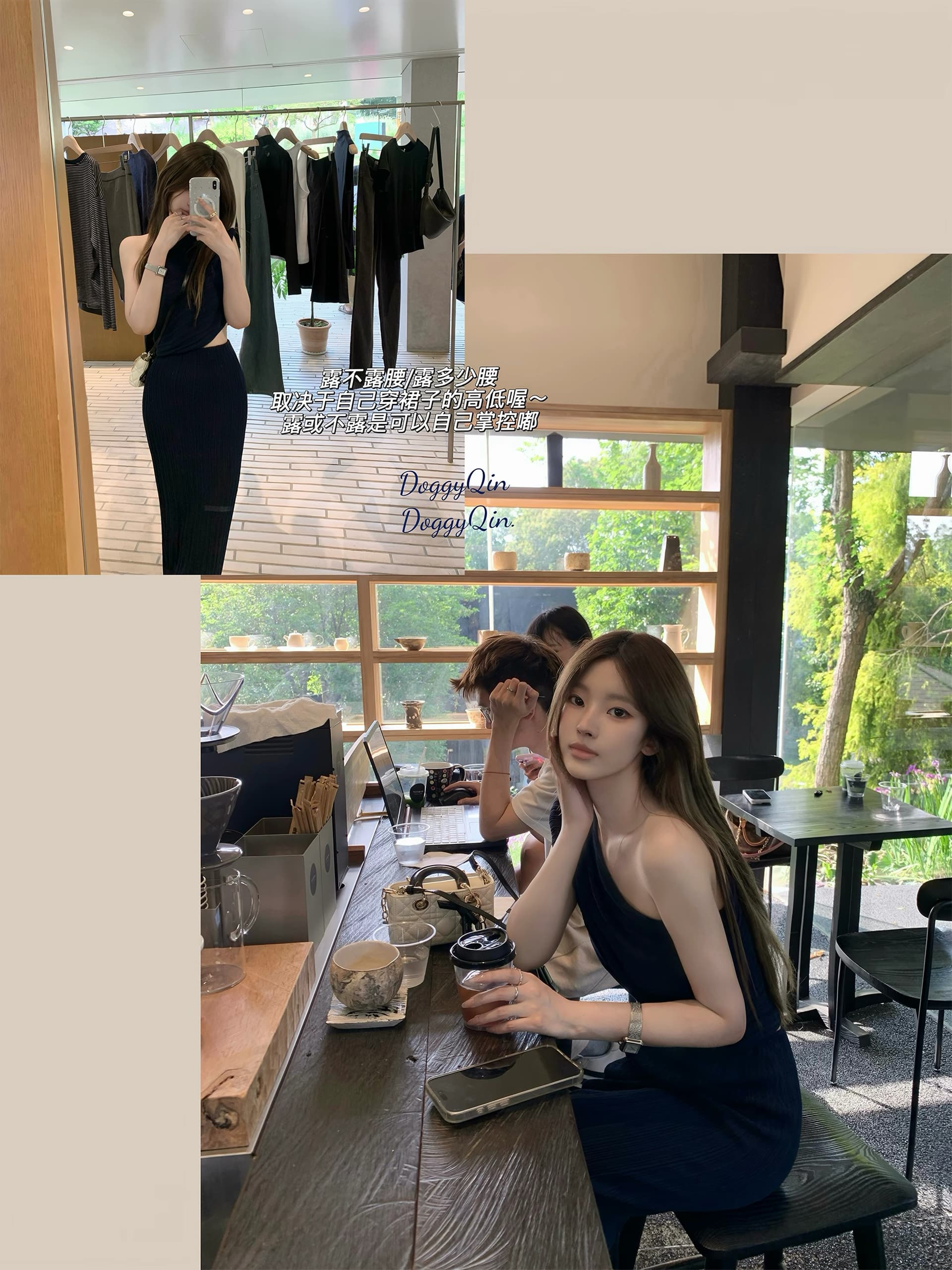 doggyqin 세 하우스 스타일 모방 아마 비대칭 비스듬한 어깨 의류 여름 수직 곡물 질감 센스 반신 치마 세트 상세 이미지 2