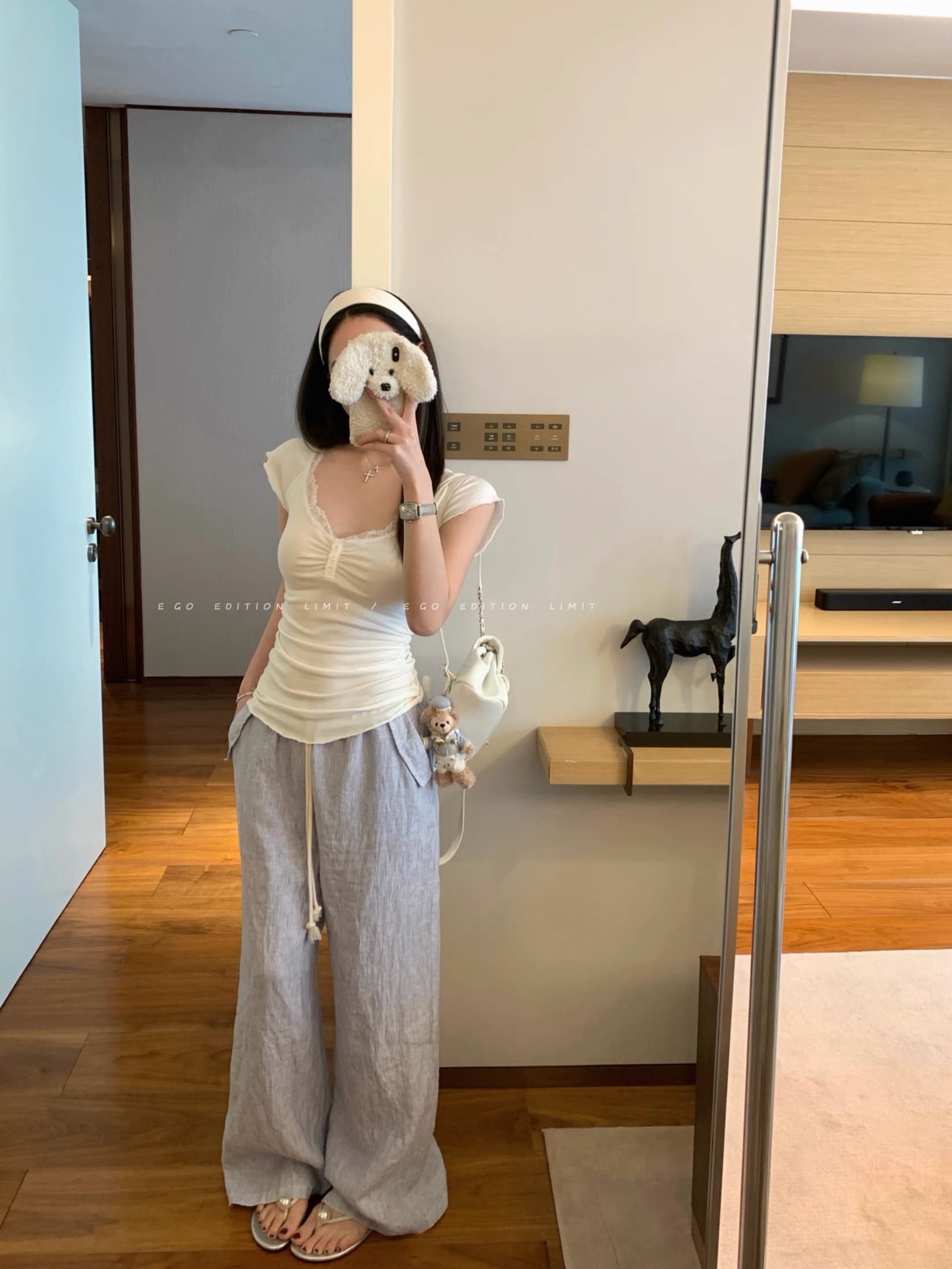 e go studio 빅 브이 넥 레이스 주름 순수한 욕망 다용도 t 불 투수 허리 수축 섹시함 일반 섹션 다용도 반팔 상세 이미지 2