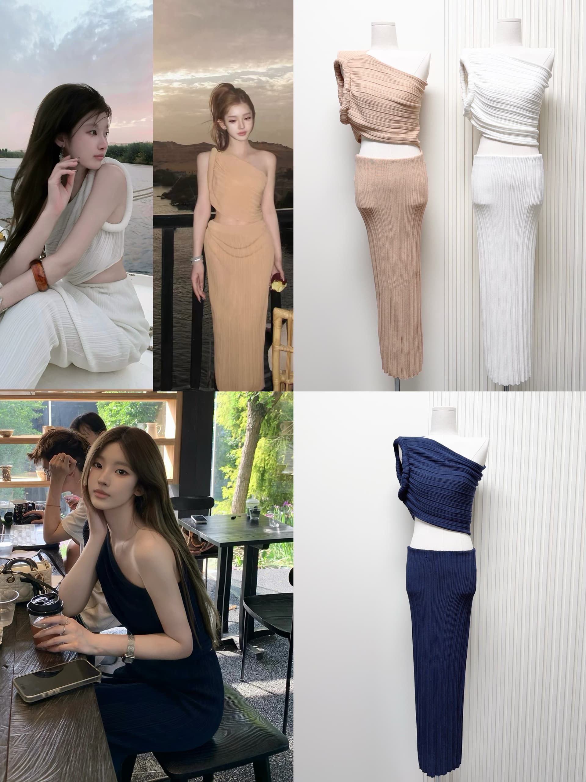 doggyqin 세 하우스 스타일 모방 아마 비대칭 비스듬한 어깨 의류 여름 수직 곡물 질감 센스 반신 치마 세트