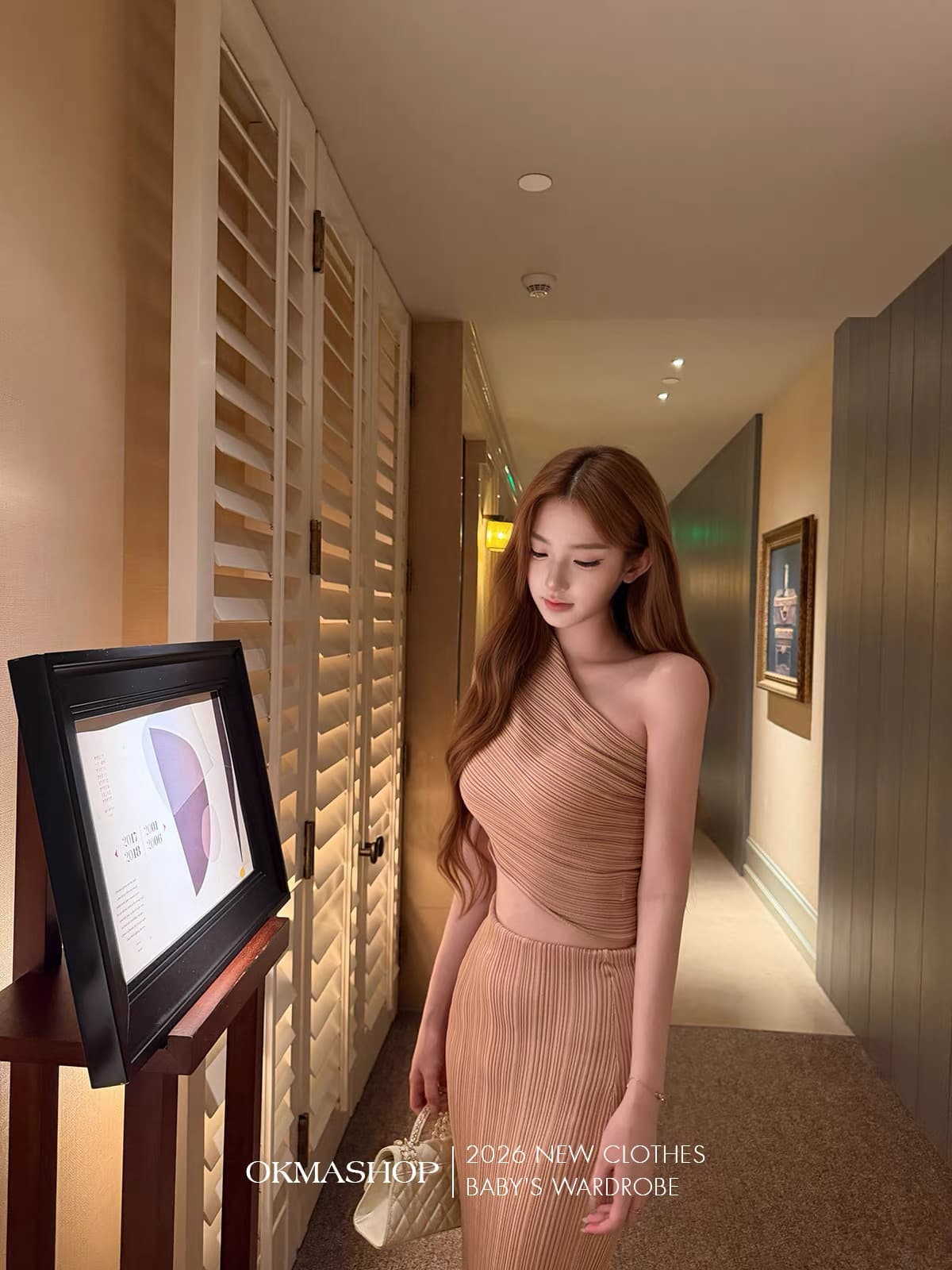 okmashop 흐름 곡물 부드러운 시리아 니트 세트 여성 여름 몸매 가꾸기 섹시함 비스듬한 어깨 의류 반신 스커트 투피스 세트 상세 이미지 4