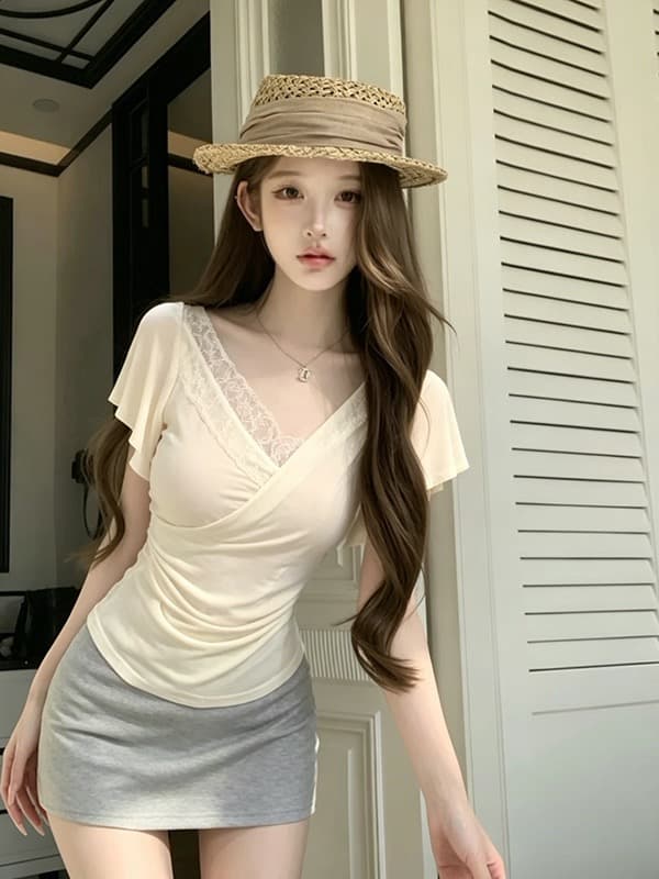 우아한 조 부드러운 구름 측면 여름 새로운 반팔 티셔츠 주간 실크 아세트산 뽕나무 누에 실크 V넥 레이스 레이스 맨위 여성 이미지 4