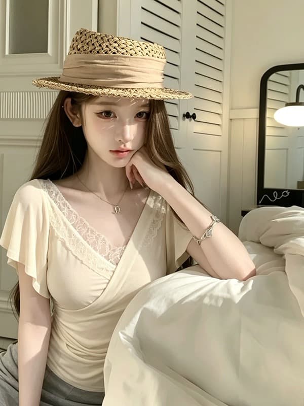 우아한 조 부드러운 구름 측면 여름 새로운 반팔 티셔츠 주간 실크 아세트산 뽕나무 누에 실크 V넥 레이스 레이스 맨위 여성 상세 이미지 3