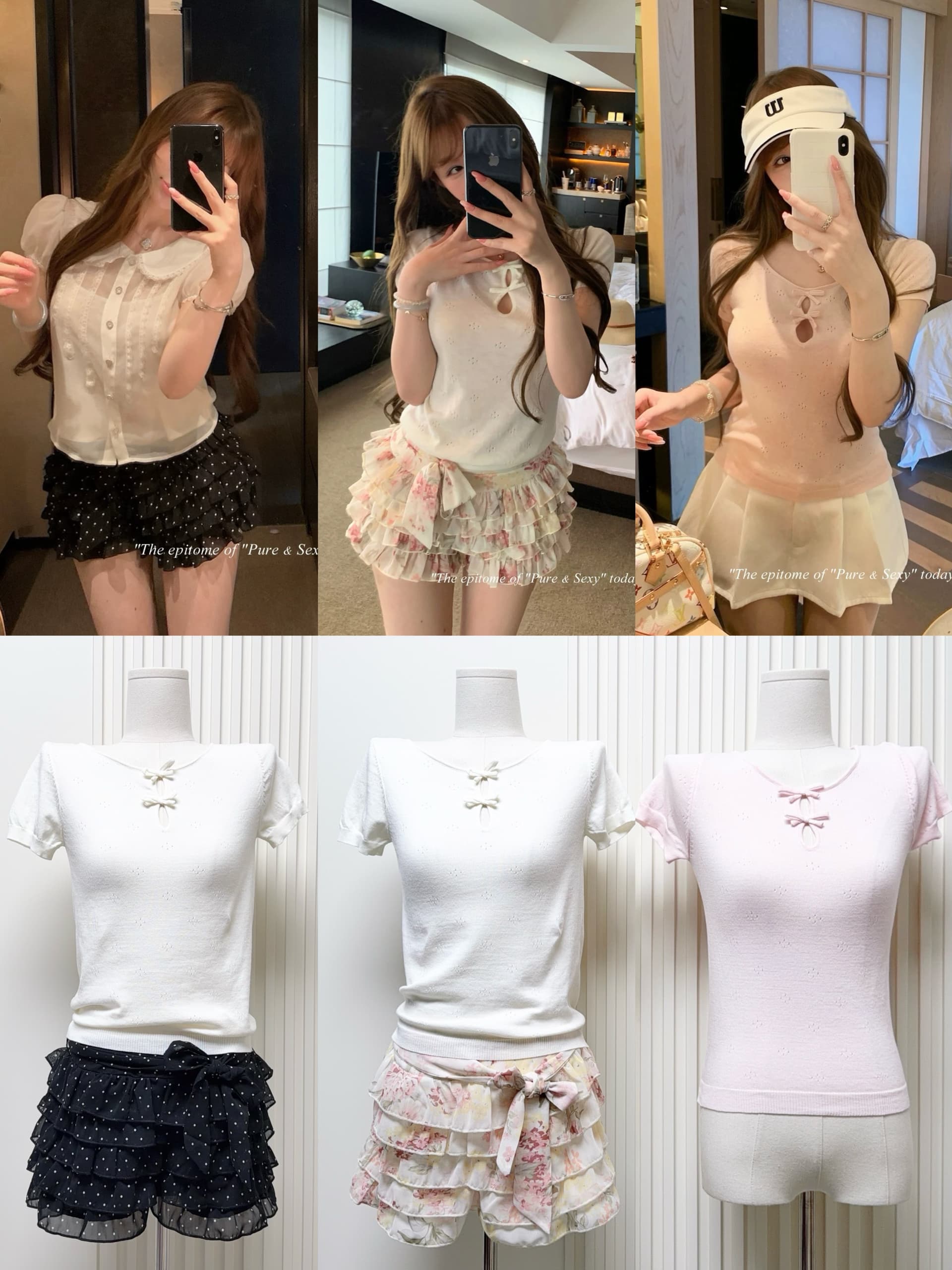 lukira 빛 연 여름 라운드 넥 나비 매듭 홀로우 아웃 자카드 니트 반팔 티셔츠 여성 여름 슬림해 보이는 맨위