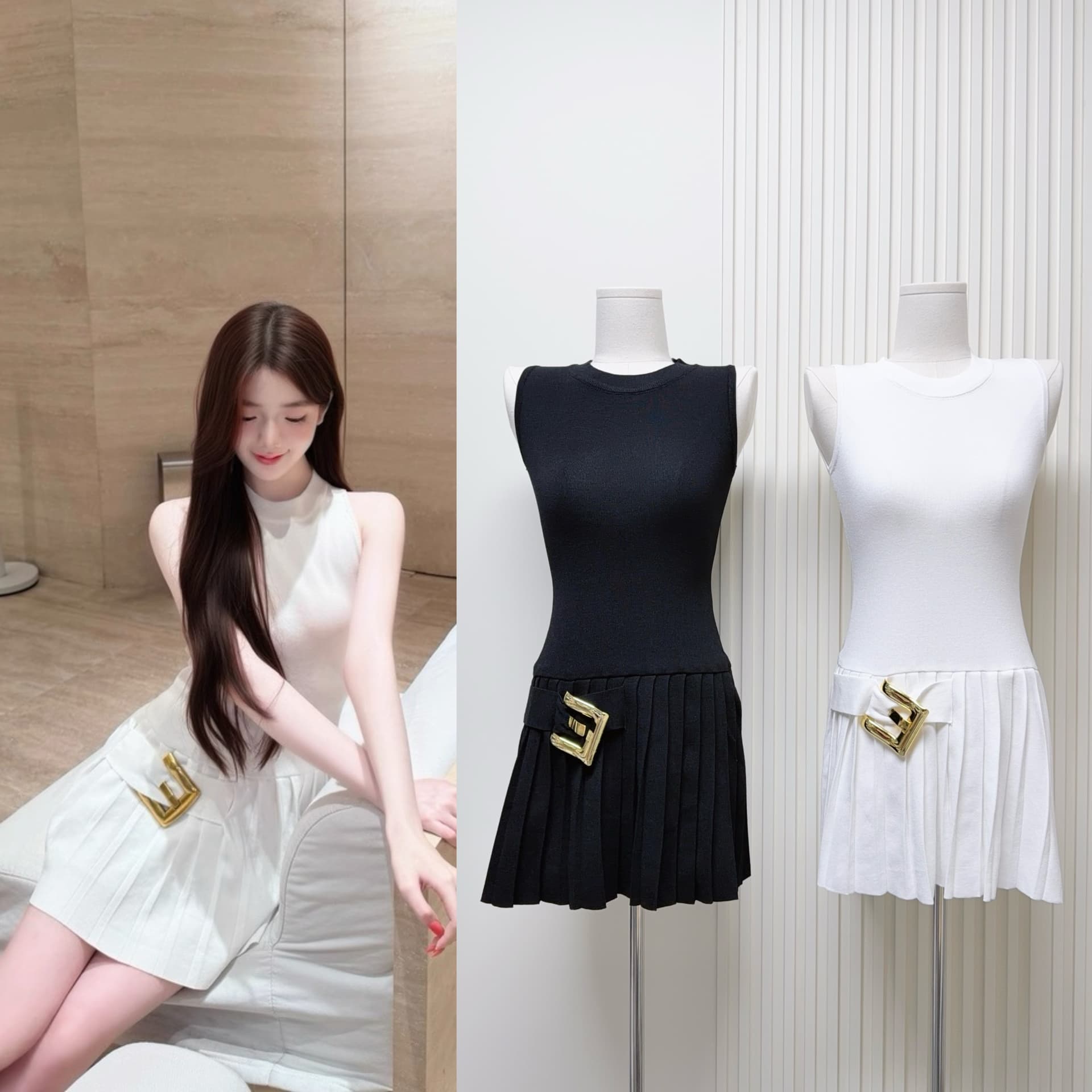 m900 민소매 니트 여성 드레스 2026 여름 허리 수축 슬림해 보이는 플리츠 치마 작은 키 쇼트 스타일 A라인 스커트