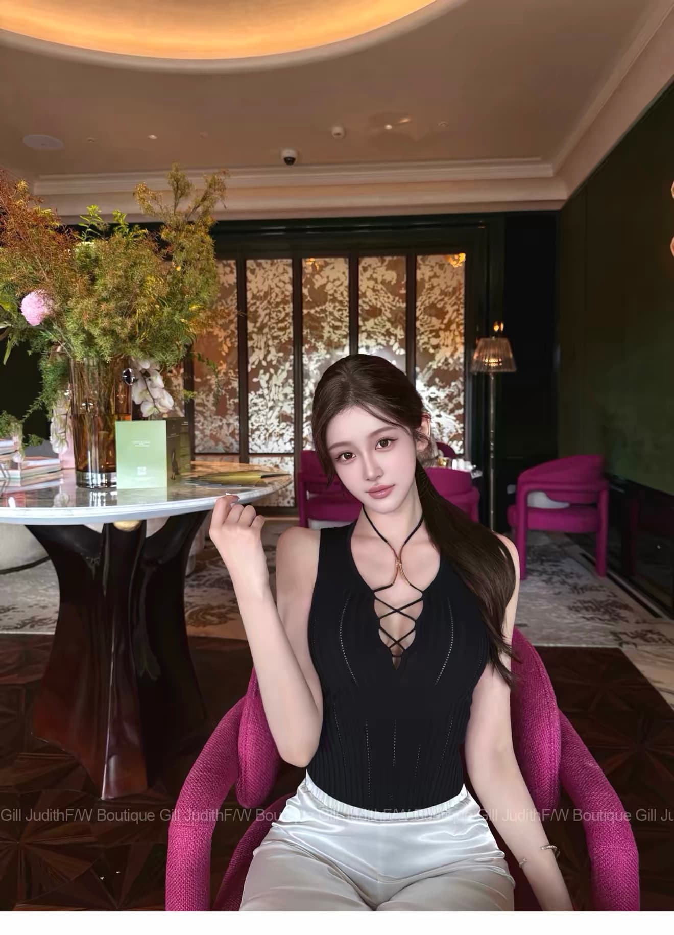 한 비 지아 c lyn b. 깊은 V 넥 십자가 행침 목 레이스업 홀로우 아웃 니트 맨위 상세 이미지 3