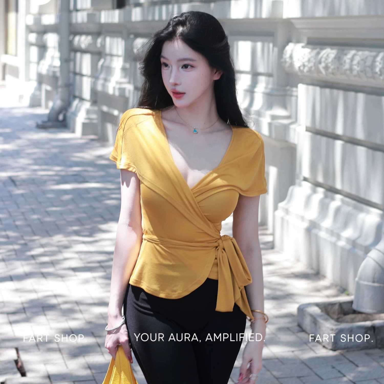 fart shop 사탕 소녀 라이 경기 서울 십자가 V넥 우아함 스트랩 티셔츠 여성 봄 여름 허리 수축 맨위 이미지 5