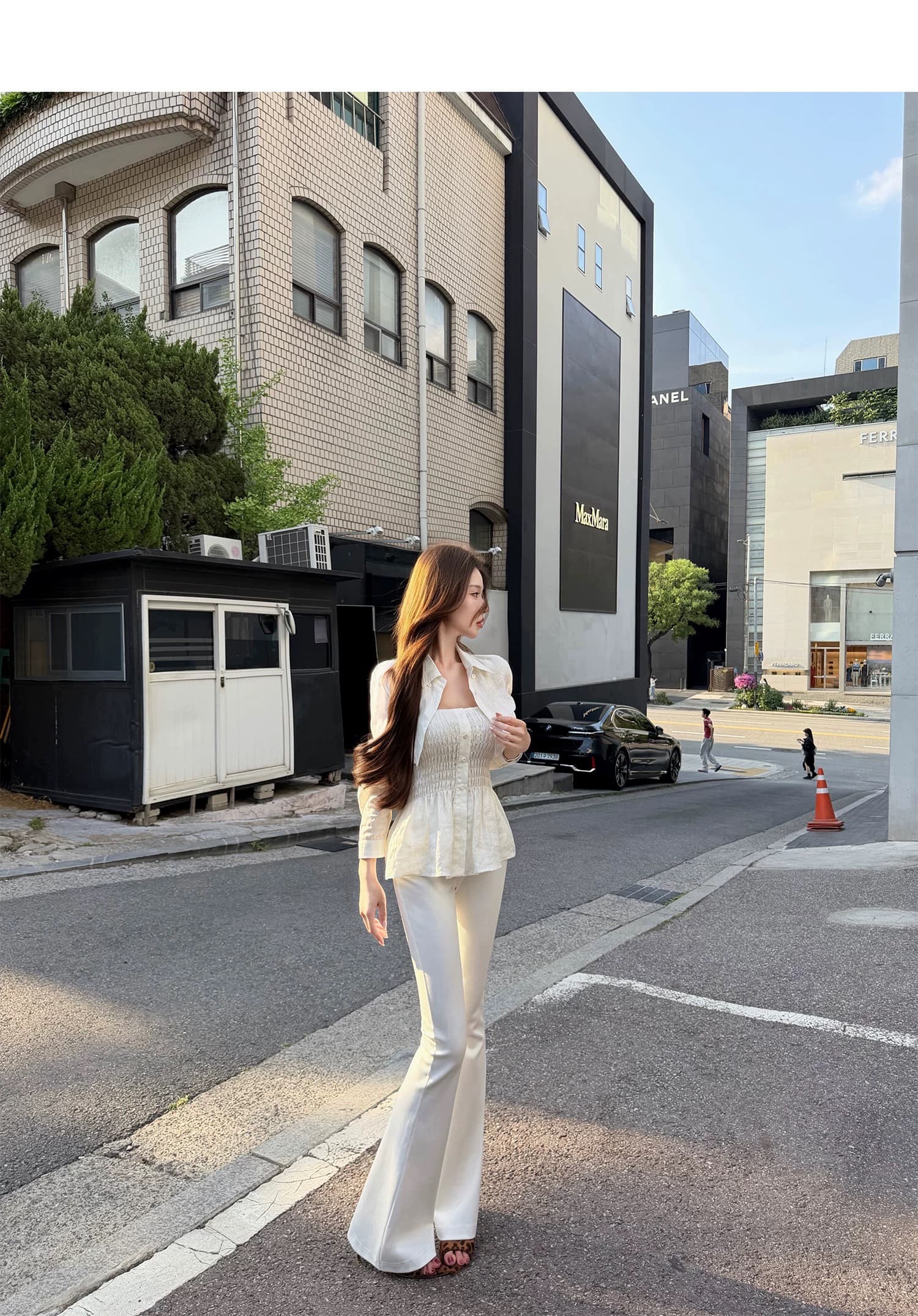 chicyou 숙박 화이트 화이트 100 아마 슈퍼 디스플레이 허리 좋은 명중 가져 가라. 허리 수축 슬립 쇼트 스타일 긴팔 셔츠 상세 이미지 2