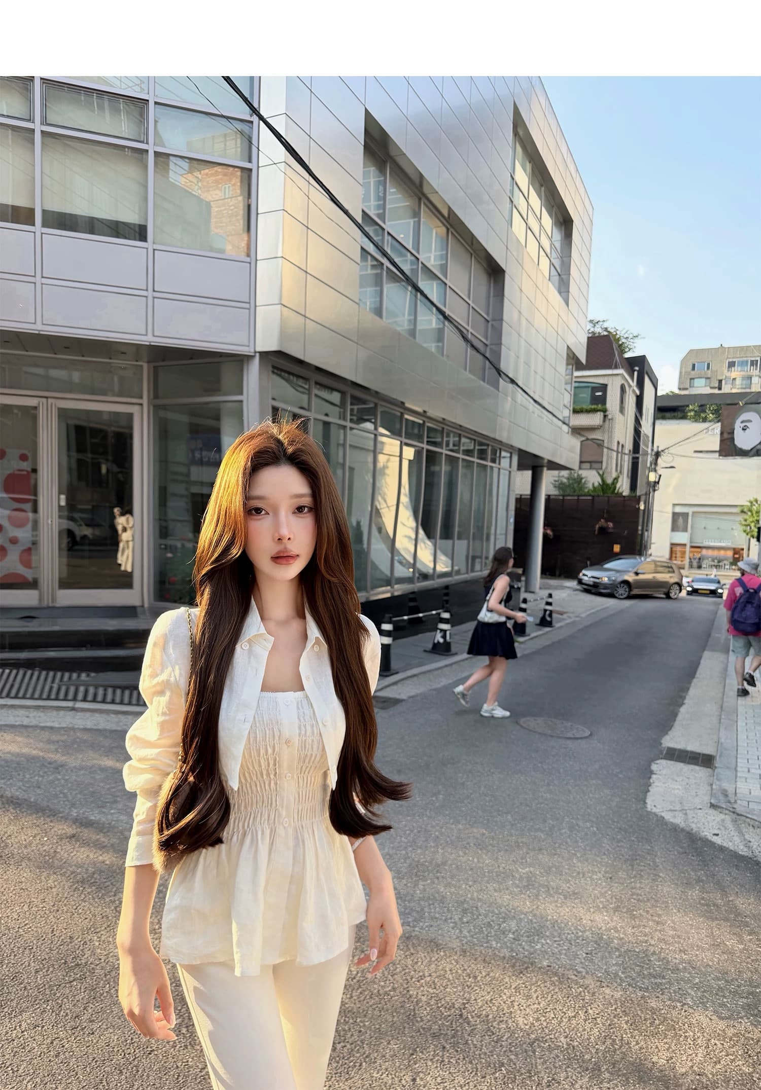 chicyou 숙박 화이트 화이트 100 아마 슈퍼 디스플레이 허리 좋은 명중 가져 가라. 허리 수축 슬립 쇼트 스타일 긴팔 셔츠 상세 이미지 4