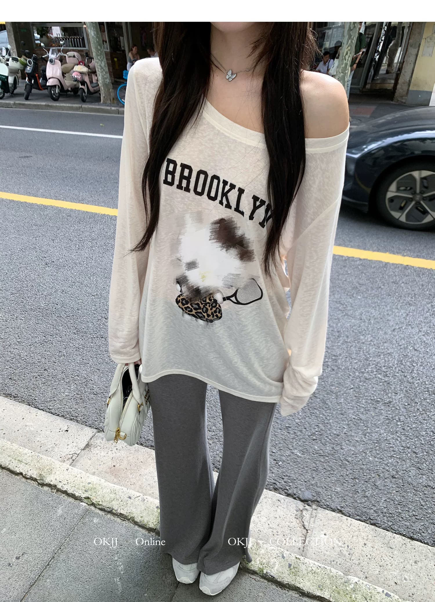 okjj 만화 프린트 오프숄더 긴팔 티셔츠 여성 얇은 스타일 마이크로 ~을 통해 루즈핏 슬림해 보이는 느긋한 바람 자외선 차단 블라우스 맨위 상세 이미지 1