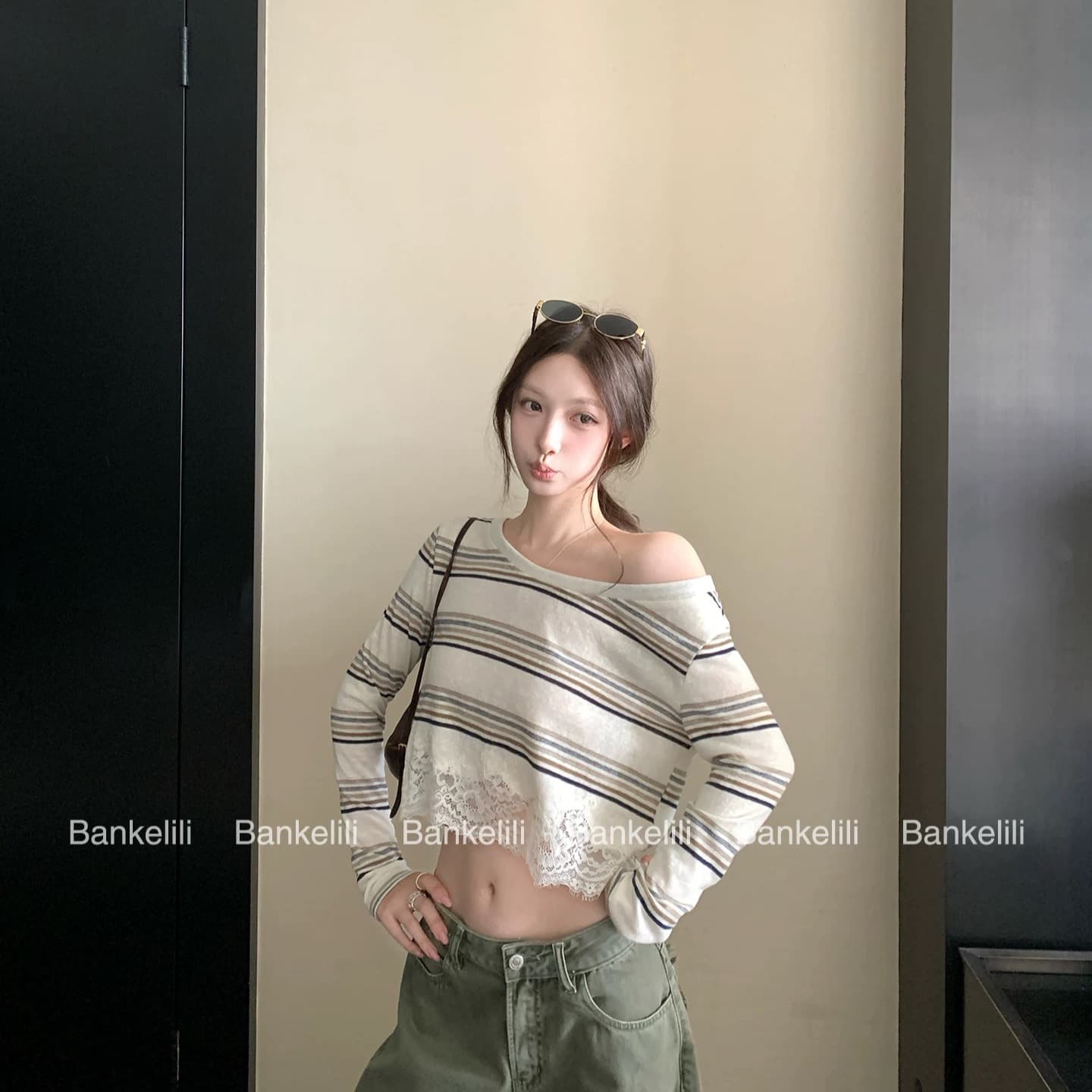 밤나무 코코아 bankelili Jiao 욕망 그리드 새싹 m1u 부서 레이스 조각 긴팔 티셔츠 여성 얇은 스타일 자외선 차단 여성 이미지 5
